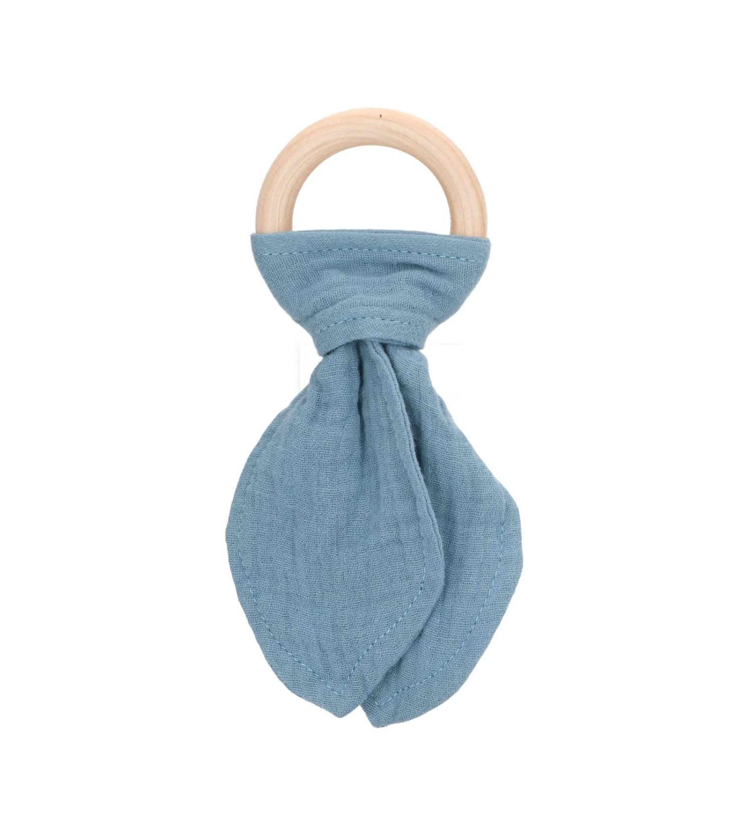 Wooden Teething Toy Ring with Colored Cotton Yarn - Blue & Black Teething Bracelet for Babies - Hand Grip Training - Buy Online on SooperMarket.com