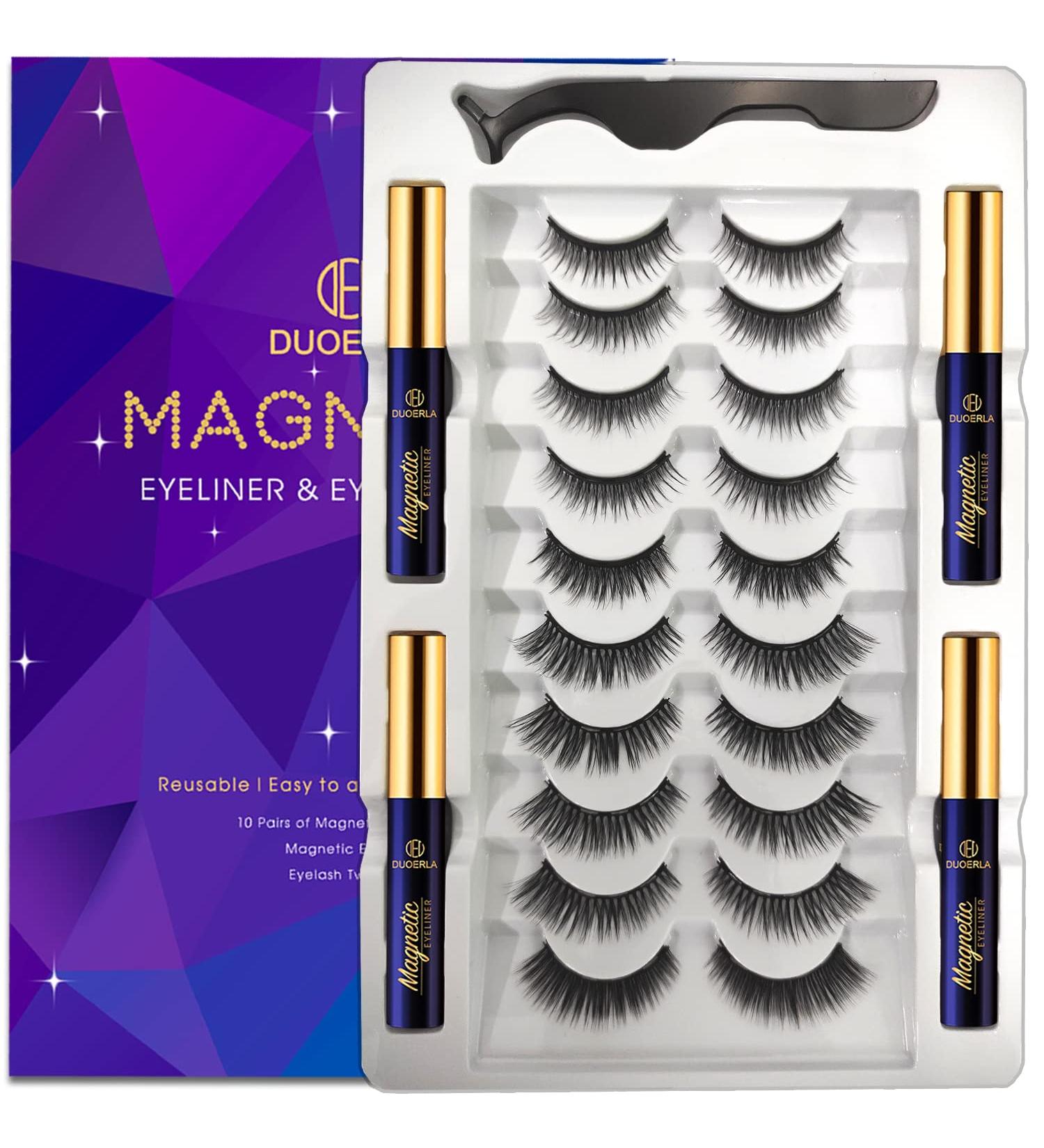 DUOERLA Magnetic Eyelashes with Eyeliner Kit - 10 Pairs Reusable 3D 5D False Eyelashes - Easy to Use Magnetic Lashes Set for Natural Look - Buy Online on SooperMarket.com