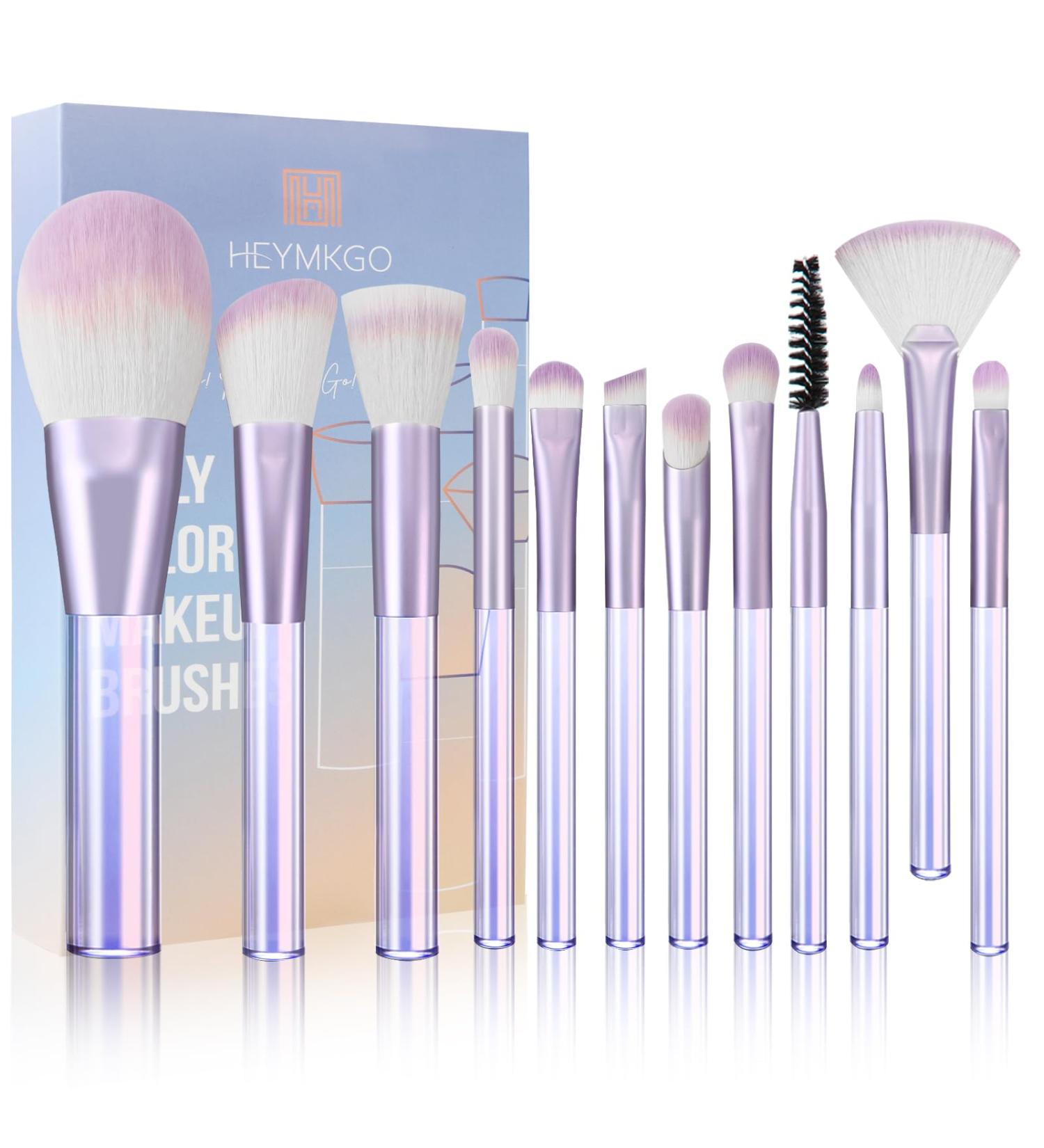 HEYMKGO 12pcs Professional Makeup Brushes Set with Transparent Handles - Ideal for Foundation, Blending, and Eyeshadow - Purple Triangle Puff Included - Buy Online on SooperMarket.com