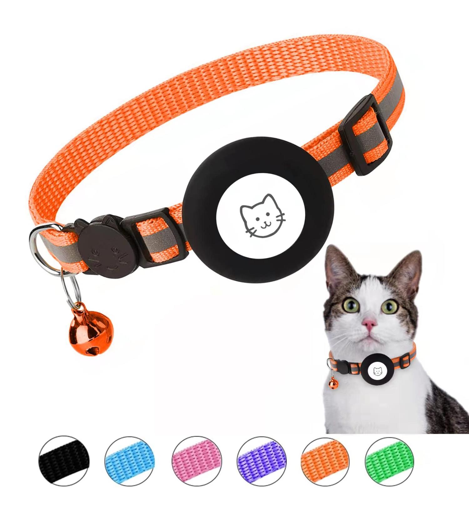 Reflective Airtag Cat Collar with Bell | Waterproof Holder Case for Apple Airtag | Breakaway Safety Buckle | Orange - Ideal for Cat or Kitten - Buy Online on SooperMarket.com