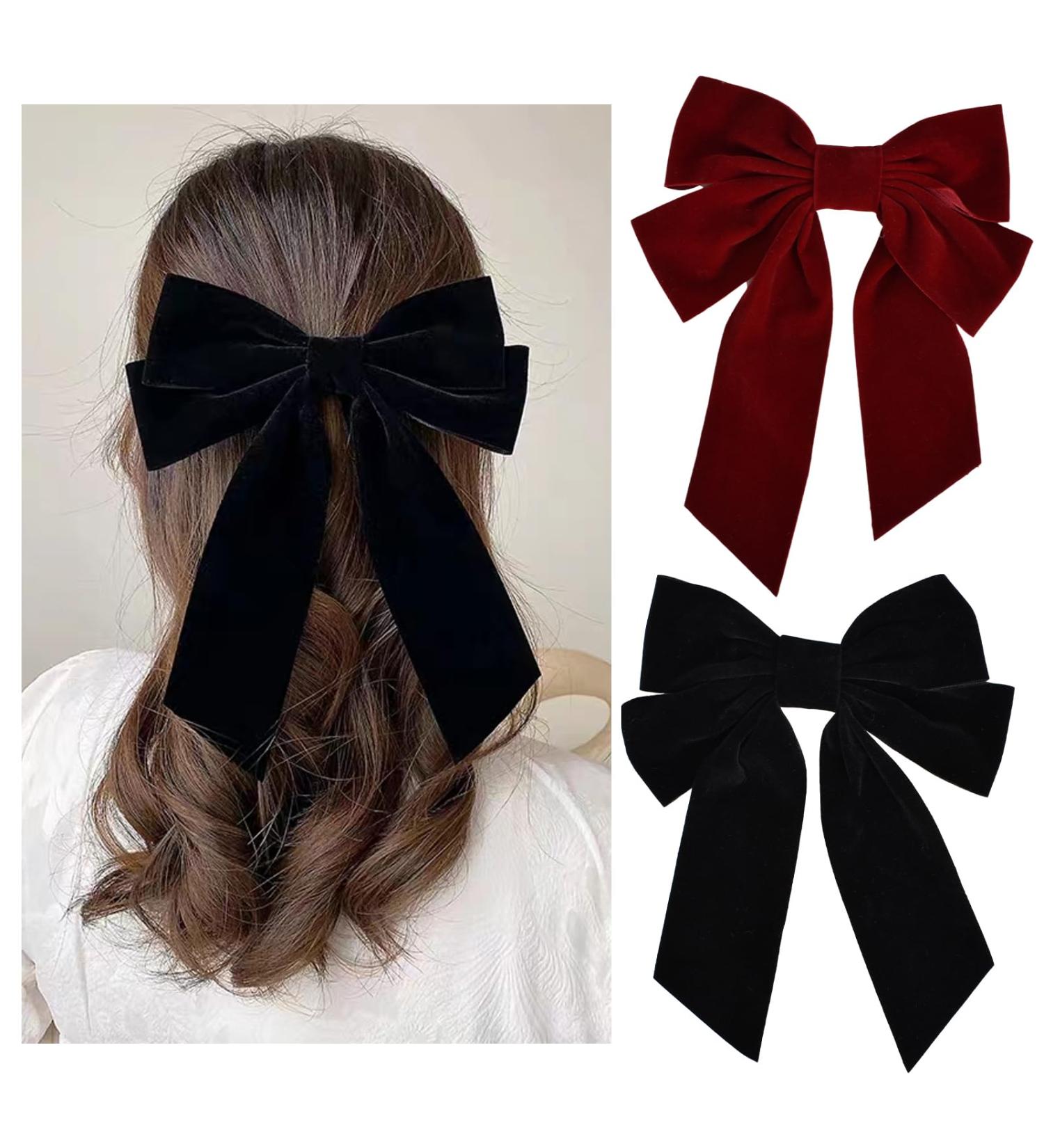 Kioiner 2 Pcs Large Bow Hair Clips Black Red Velvet Bows Barrettes French Bowknot Hair Clips Metal Hair Clips with Long Tail for Girls Women Ladies - Buy Online on SooperMarket.com