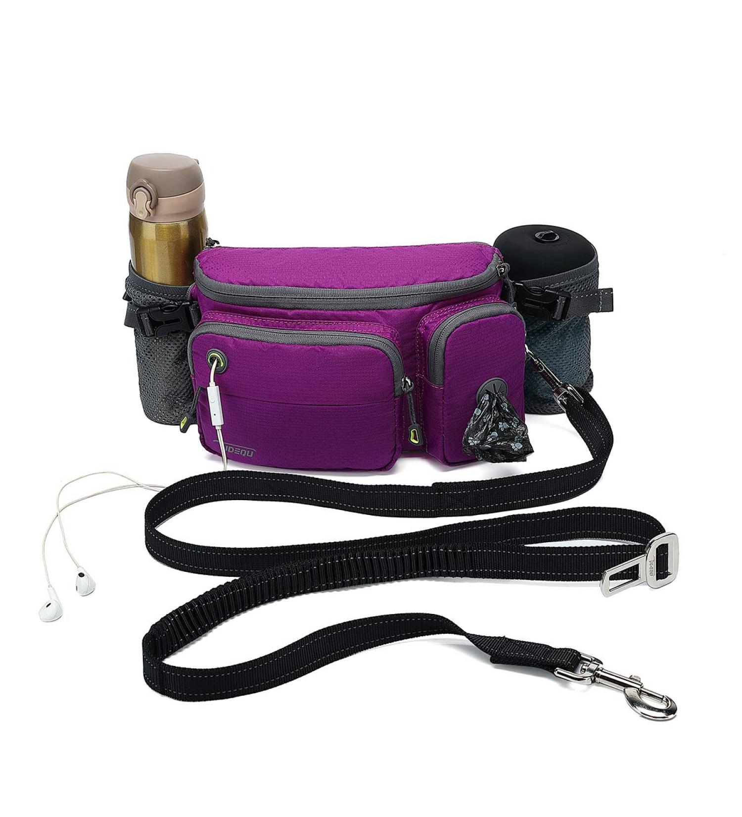TUDEC 4-in-1 Hands-Free Dog Leash & Waist Bag - 5.8ft Zero Shock Bungee Car Seat Buckle & Reflective Threading - Ybgs Purple Bag + Black Leash | International Shipping - Buy Online on SooperMarket.com