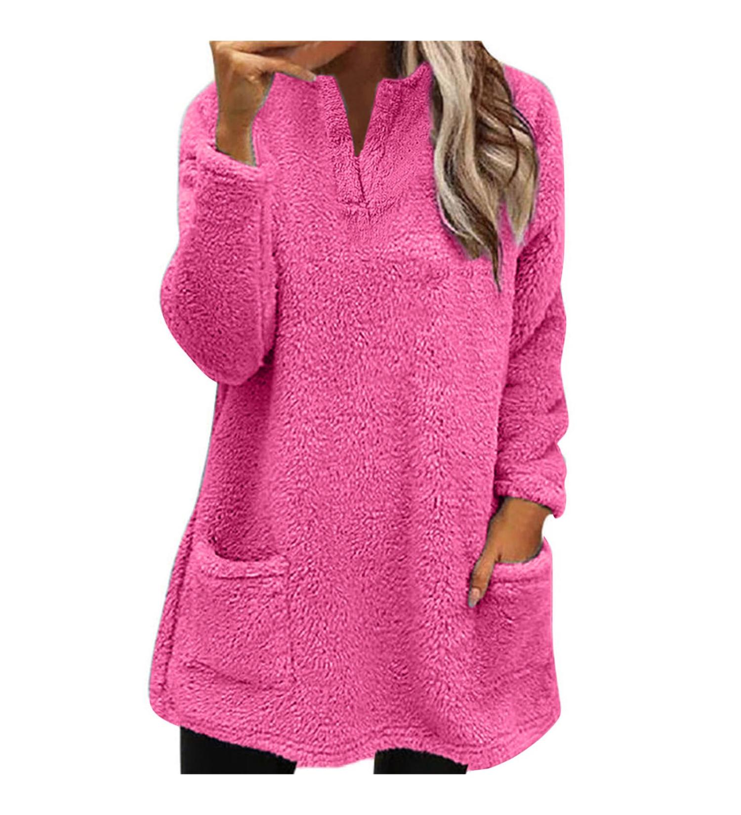 AMhomely Women's Plus Size V-Neck Teddy Fleece Hoodie | Double Fleece Casual Pullover with Pocket | Soft Winter Lounge Top in Hot Pink - Buy Online on SooperMarket.com