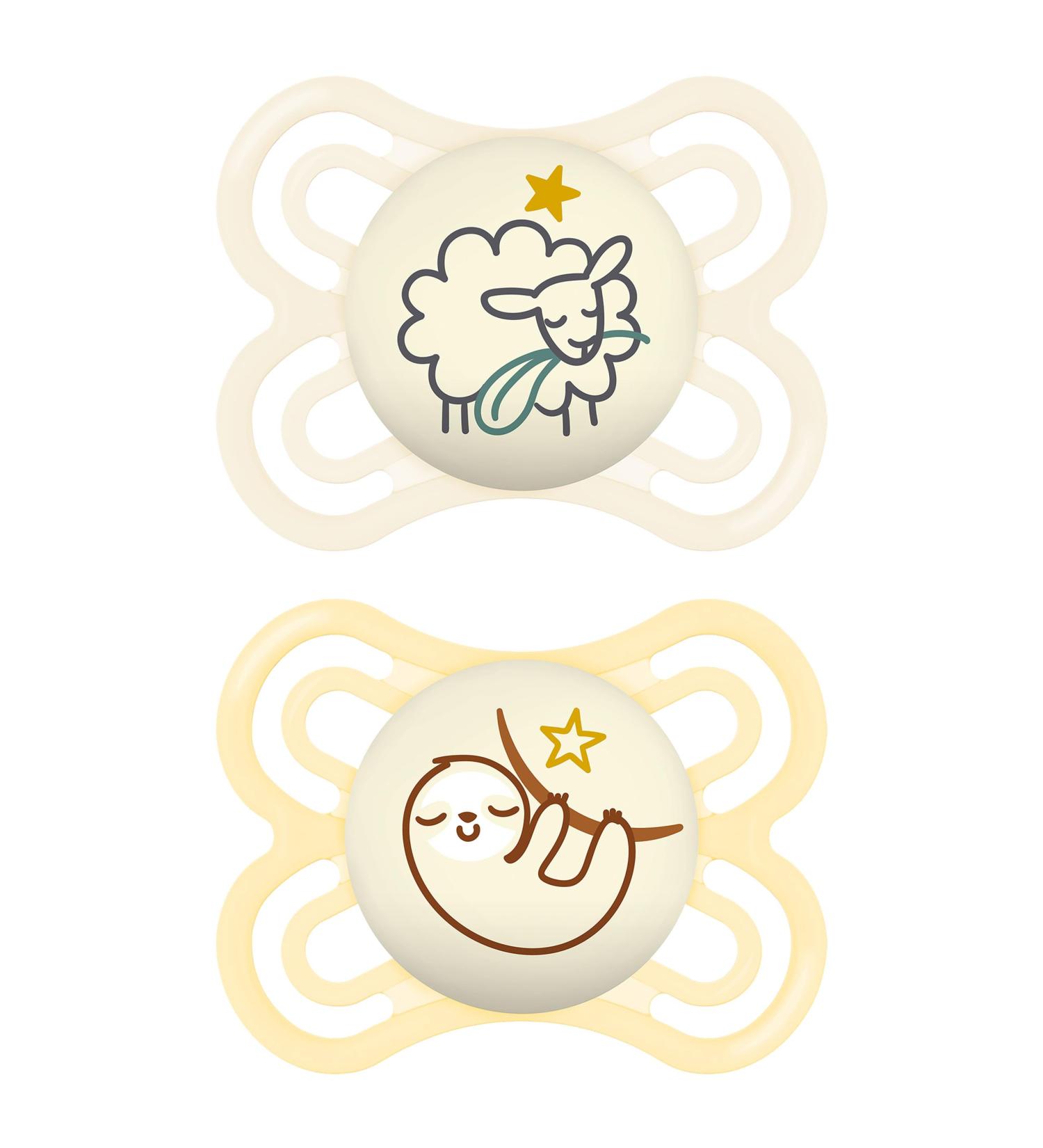 Mam Perfect Night Pacifier Set (2 Pack) - Glow in the Dark Eco-Friendly Tooth-Friendly Baby Pacifiers for 0-6 Months Includes Pacifier Box - Sheep/Sloth Design - Buy Online on SooperMarket.com