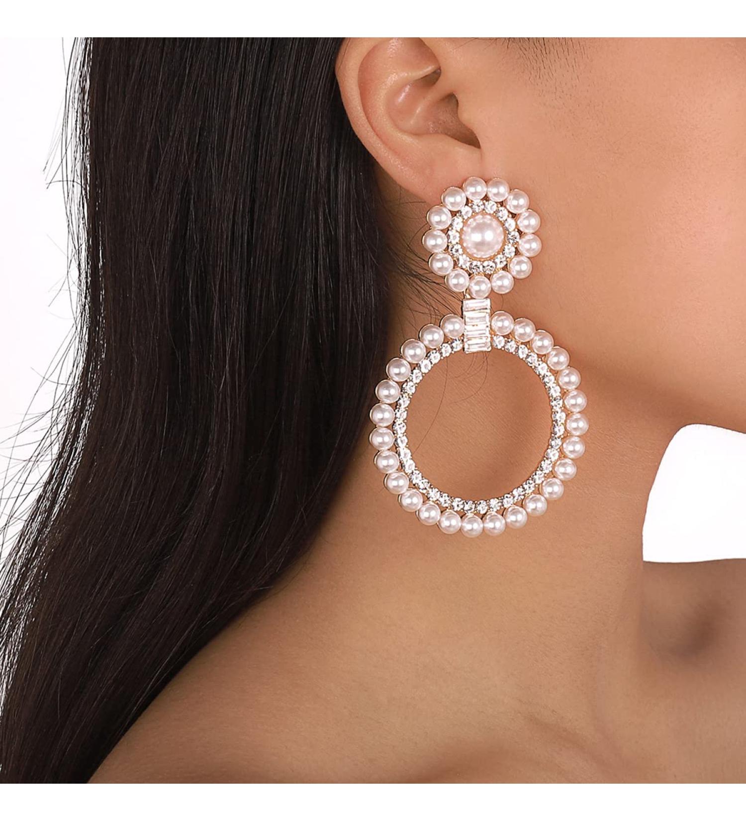 Chargances Boho Baroque Round Pearl Hoop Dangle Earrings with Crystal Accents - Gold | Fashion Stud Earrings for Women and Girls - Buy Online on SooperMarket.com