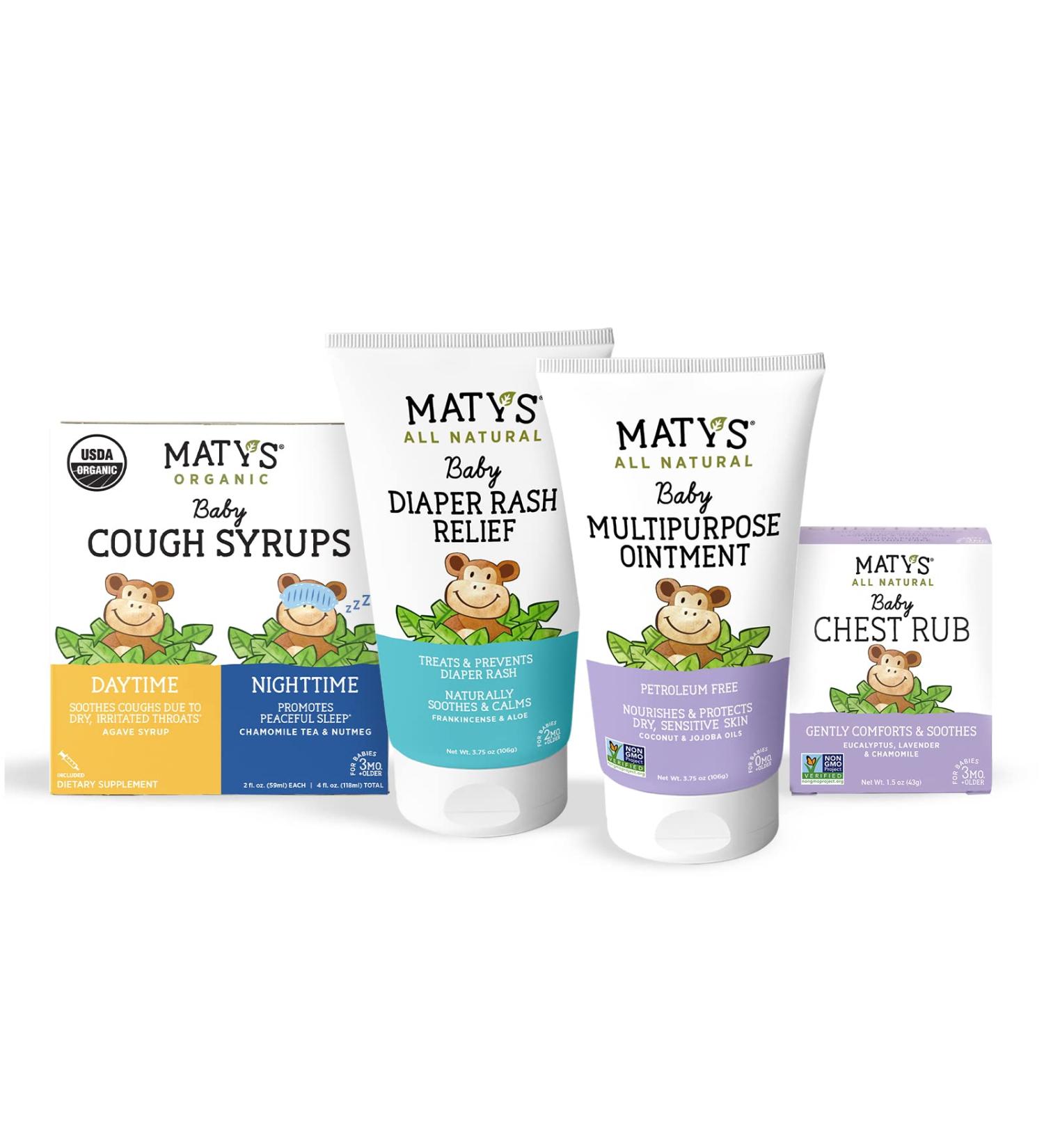 Maty's Baby Essentials Kit: Petroleum-Free Chest Rub, Diaper Rash Relief, USDA Cough Syrup - Clean Alternatives for Newborns - Buy Online on SooperMarket.com