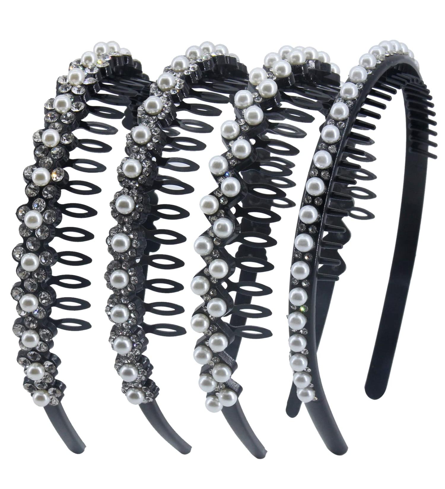 Yeshan Pearl & Rhinestone Hair Comb Headbands for Women - Set of 4 Non-Slip Hair Hoops - Buy Online on SooperMarket.com