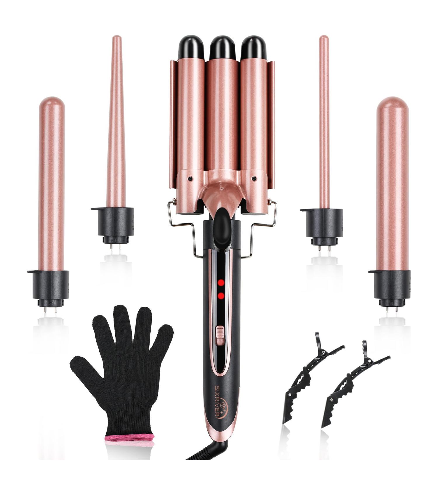 5-in-1 Curling Iron Set - Dual Voltage Interchangeable Curling Wand with 3 Barrel Crimper & 4 Curling Irons - LED Temp Control for All Hair Types - Includes Glove & Clips - Buy Online on SooperMarket.com