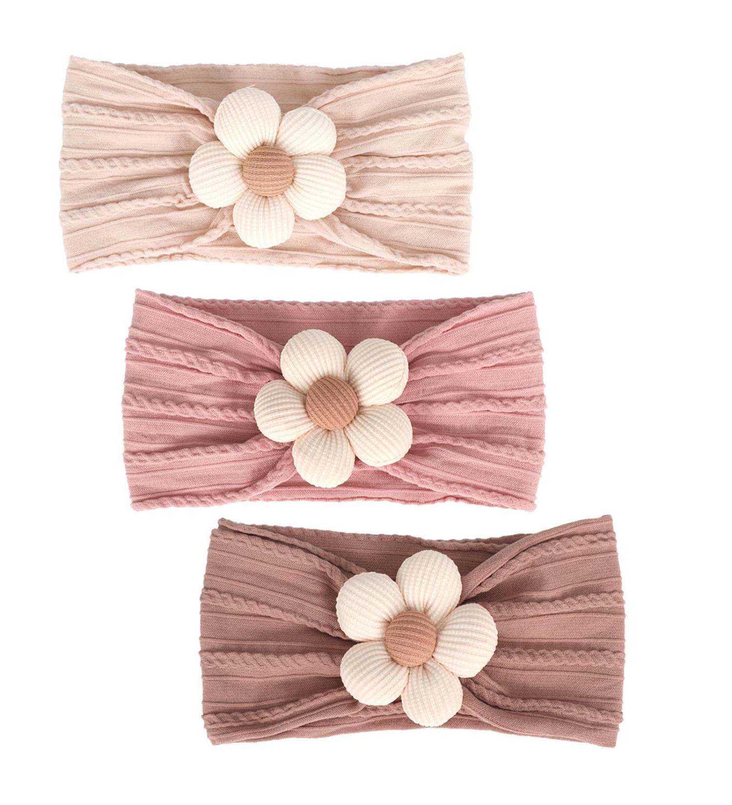 3pcs Baby Flower Headbands - Soft Nylon Hairbands for Newborns & Toddlers | Beige Pink Khaki Accessories - Buy Online on SooperMarket.com