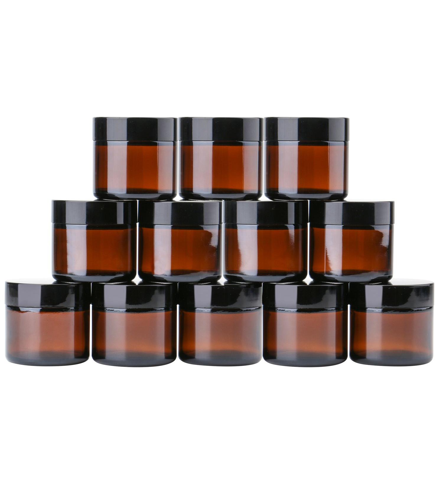 THETIS Homes 2 oz Round Glass Jars (12 Pack) - Amber Cosmetic Containers with Inner Liners, Black Lids, Labels - 12 Count - Buy Online on SooperMarket.com
