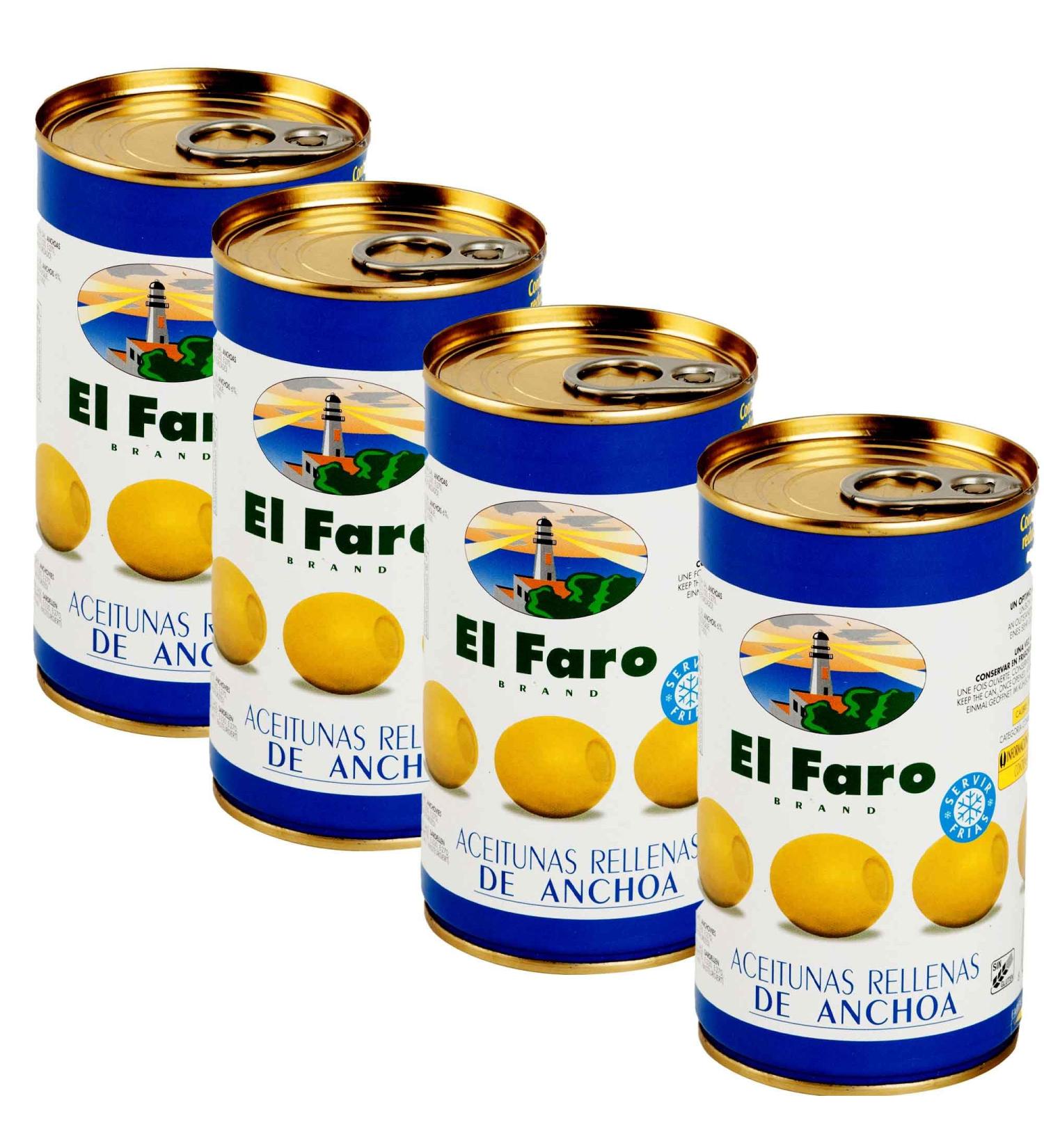El Faro 4 x350g tins (150 grams drained/tin) Spanish Green Manzanilla Olives Filled With Anchovy - Buy Online on SooperMarket.com