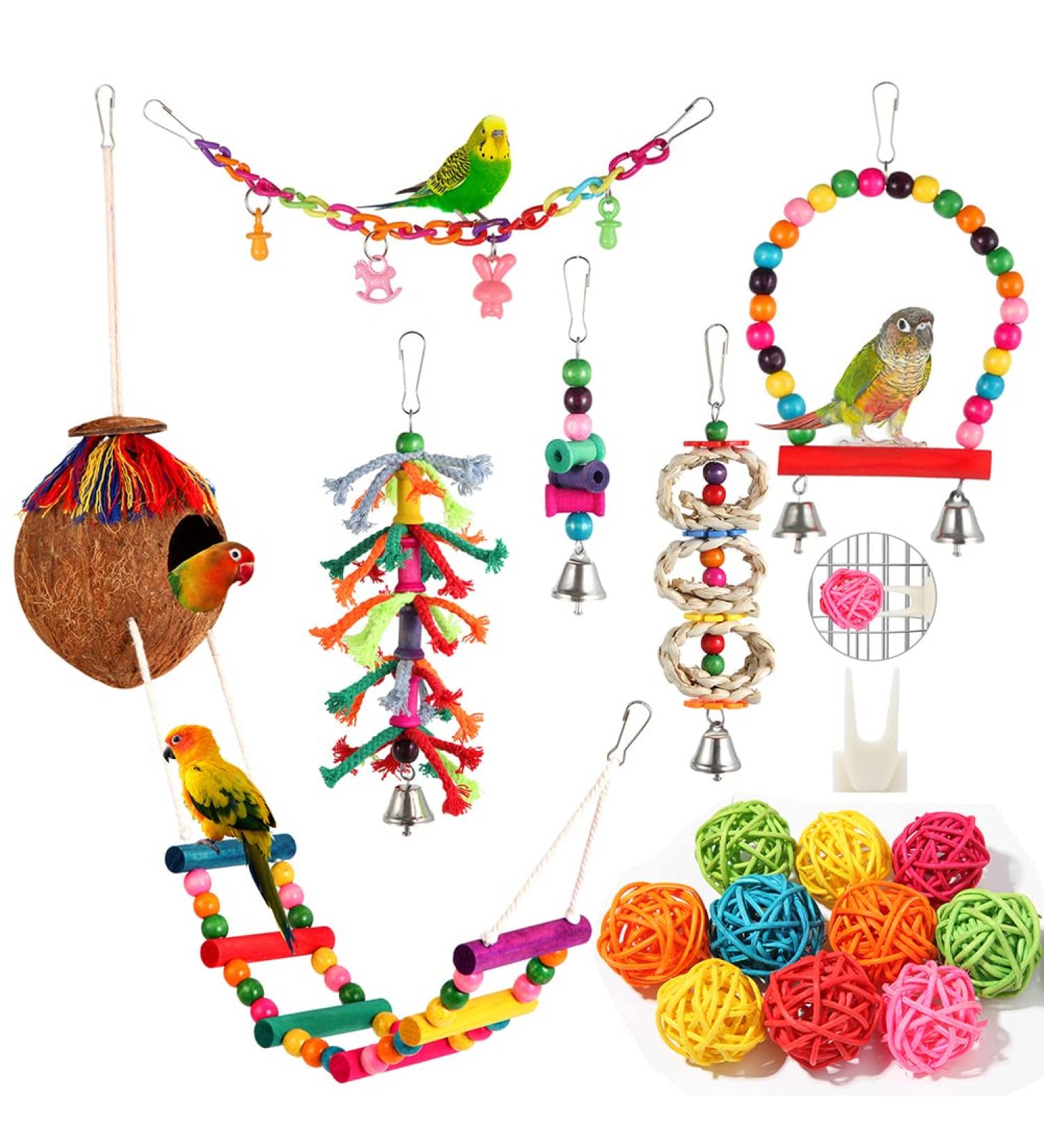 17-Piece Bird Parakeet Toy Set | Swing, Chew, Climb, Hang | Coconut Cage Toys for Cockatiels, Conures, Finches, Budgies | Lovebird Accessories - Buy Online on SooperMarket.com