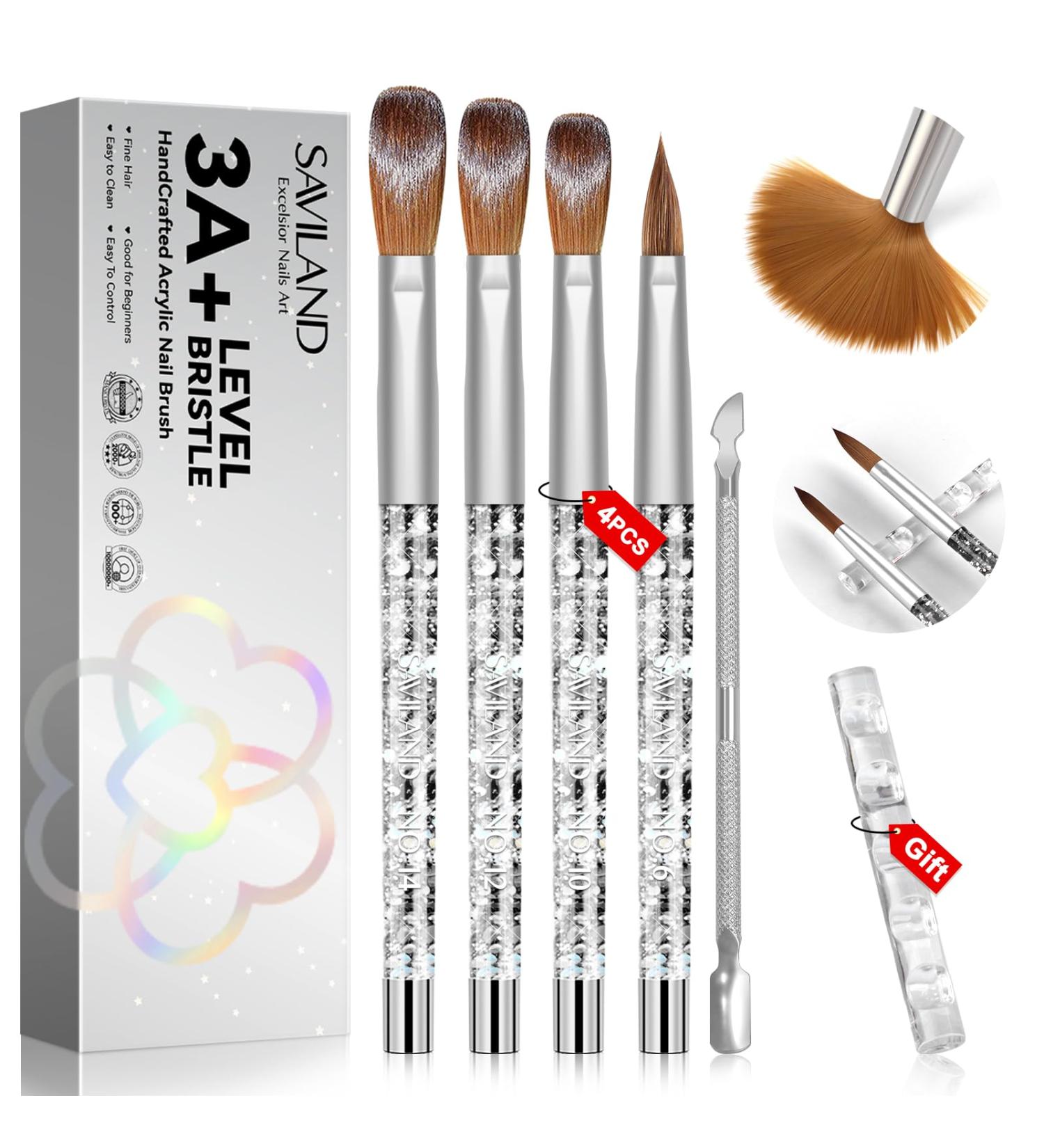 Saviland 4-Piece Acrylic Nail Brush Set with Holder & Cuticle Pusher - Nail Art Tools for Acrylic Powder, Extensions, and Carving | Home DIY and Salon Use - Buy Online on SooperMarket.com
