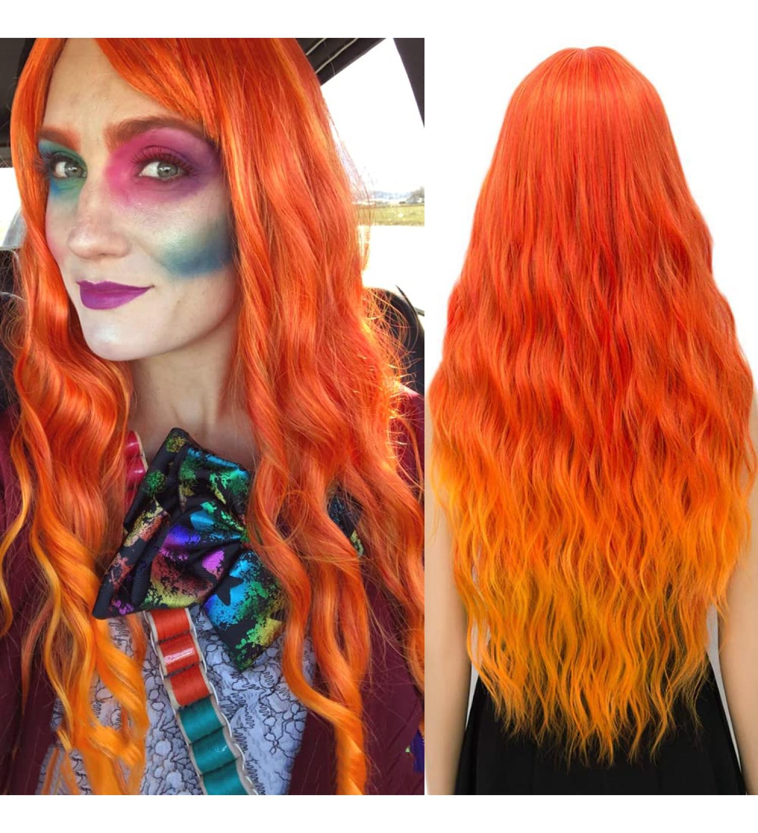 YEESHEDO Long Wavy Curly Wig for Women - 28 Inches Ombre Orange Synthetic Hair with Fringe for Party and Cosplay - Buy Online on SooperMarket.com