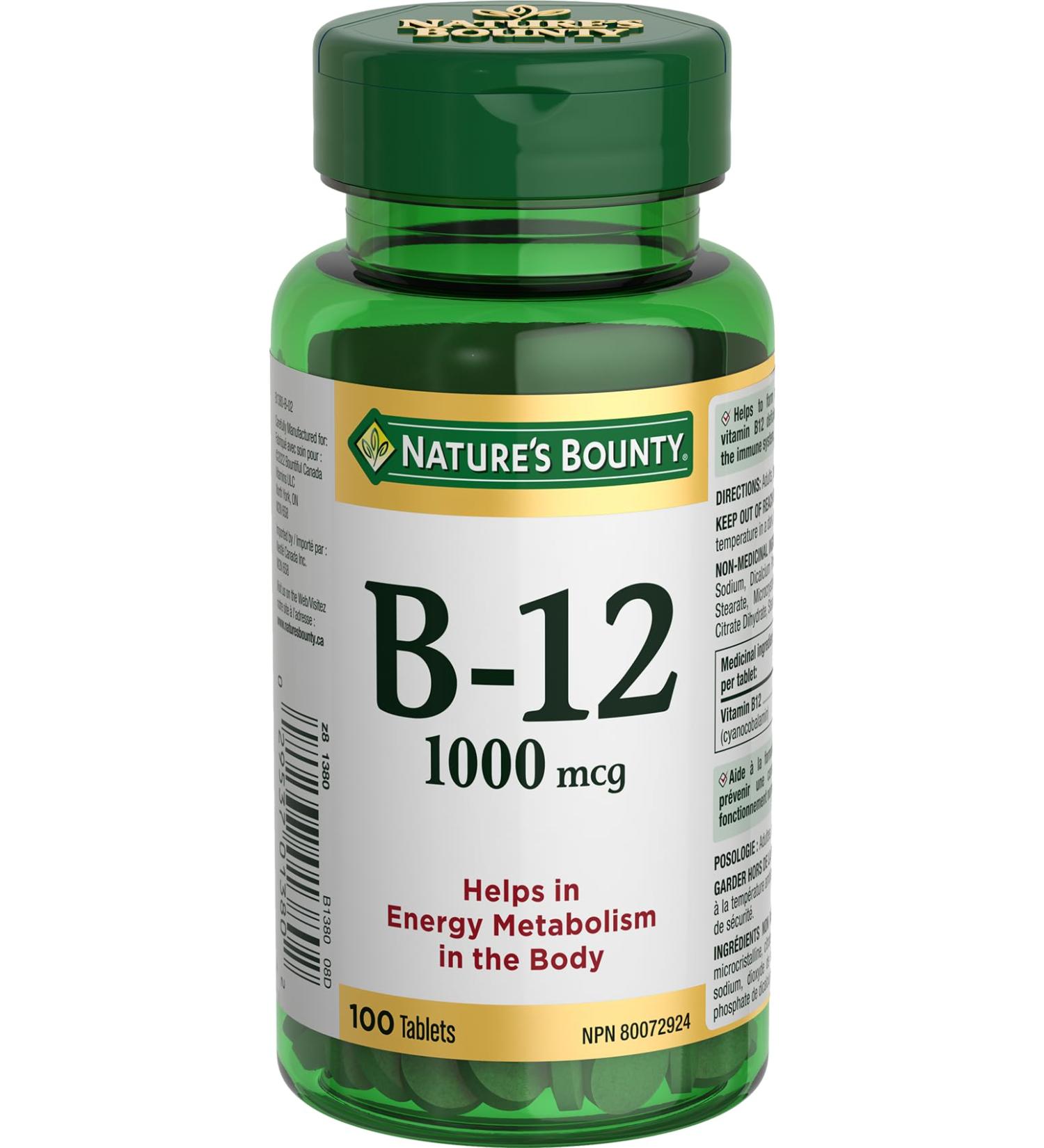 Nature's Bounty Vitamin B12 1000mcg 100 Tablets Helps the Body Metabolize Carbohydrates Fats and Proteins Helps in Normal Immune System Function and to Metabolize Energy Multi-colored (Packaging May Vary) - Buy Online on SooperMarket.com