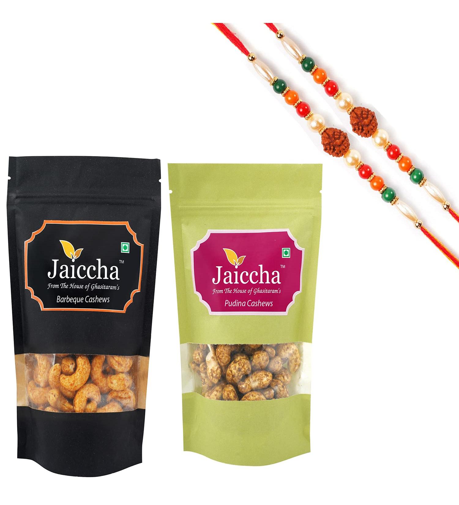 Jaiccha Ghasitaram Rakhi Gifts for Brothers Rakhi Dryfruits - Pack of 2 Pudina Barbeque Cashews Pouches Small 200 GMS with 2 Rudraksh rakhis - Buy Online on SooperMarket.com