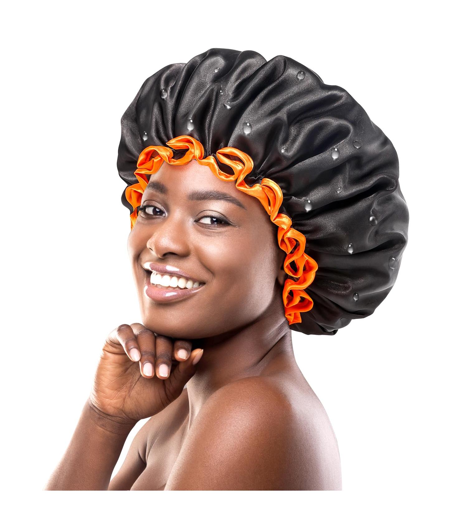 Mikimini XL Black Shower Hoods 2-Pack | Waterproof Reusable Hair Protection for Long Hair | Double-Layer Design with Bright Orange Rim - Buy Online on SooperMarket.com