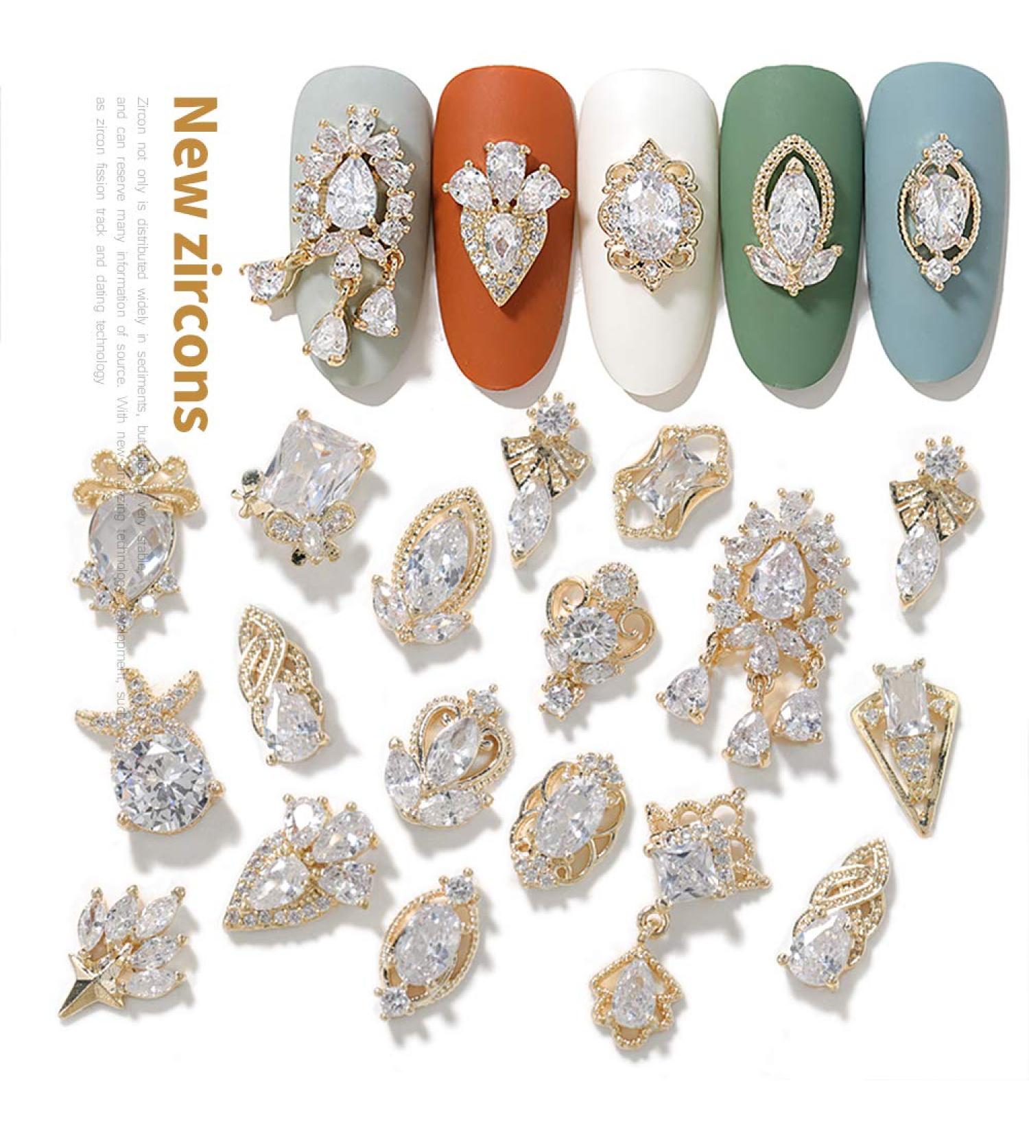 Shiny Gold Nail Art Charms Set - DIY Nail Jewelry with Zircon Alloy Gemstones - Buy Online on SooperMarket.com