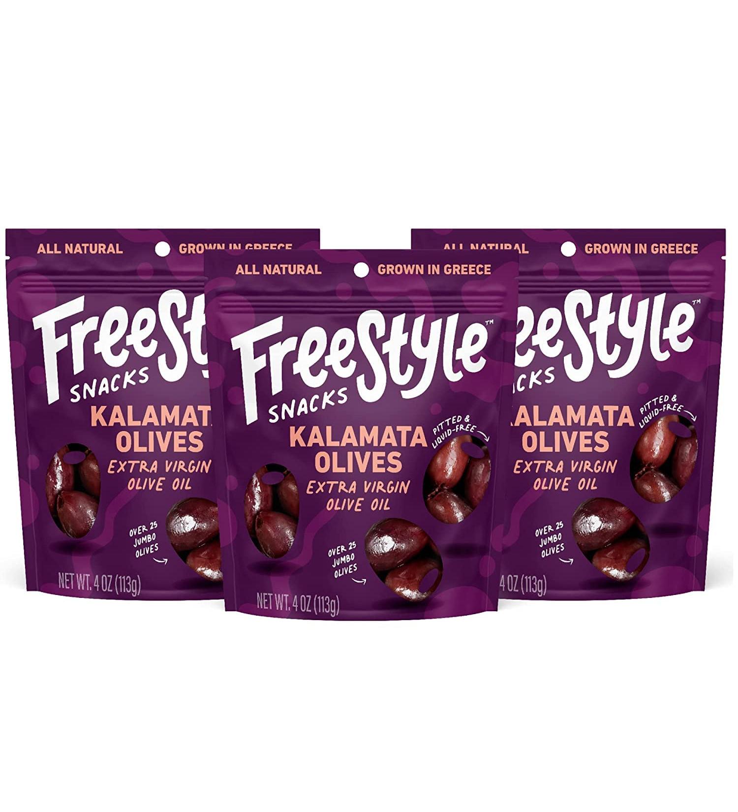 Freestyle Snacks Olive Snack Packs - Fresh Pitted Kalamata Olives Marinated in Extra Virgin Olive Oil - All Natural, Non-GMO, Paleo, Keto Snacks from Greece - Salty 4oz (3 Pack) - Buy Online on SooperMarket.com