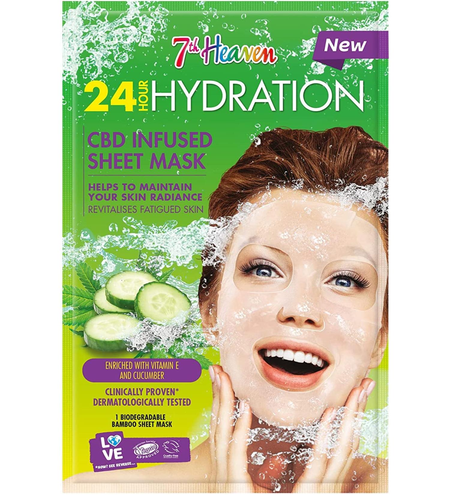 7th Heaven 24 Hour Hydration CBD Infused Bamboo Sheet Facial Mask Enriched with Vitamin E Helps to Maintain your Complexion's Radiance and Revitalise Fatigued Skin Dermatalogically Tested single Cucumber - Buy Online on SooperMarket.com
