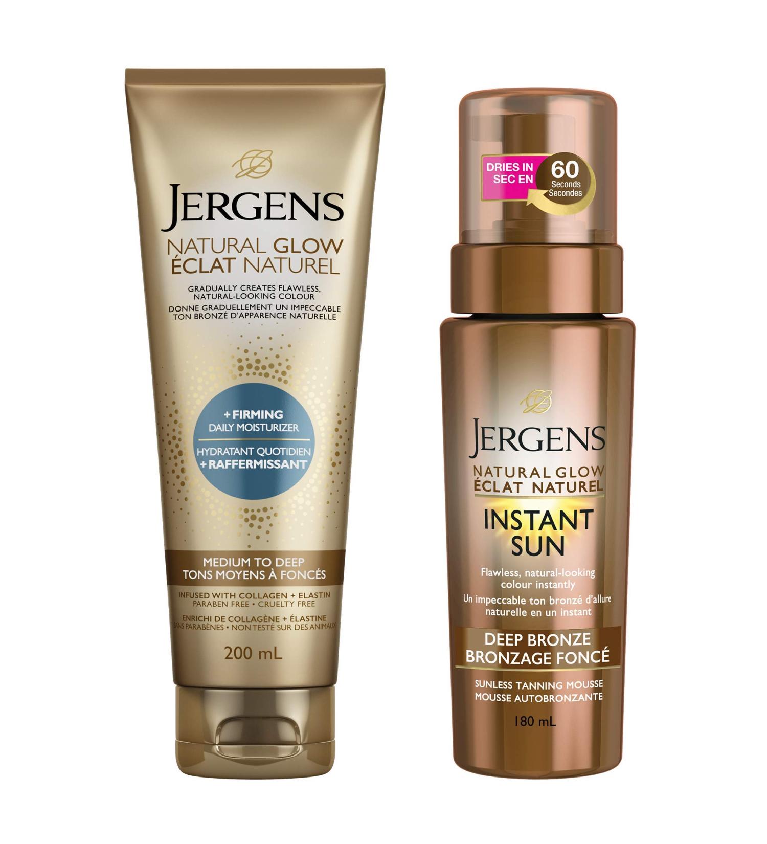Self Tanner Duo Jergens Natural Glow +Firming Daily Moisturizer & Gradual Body Lotion Med to Deep and Instant Sun Sunless Tanning Mousse - Deep Bronze - Buy Online on SooperMarket.com