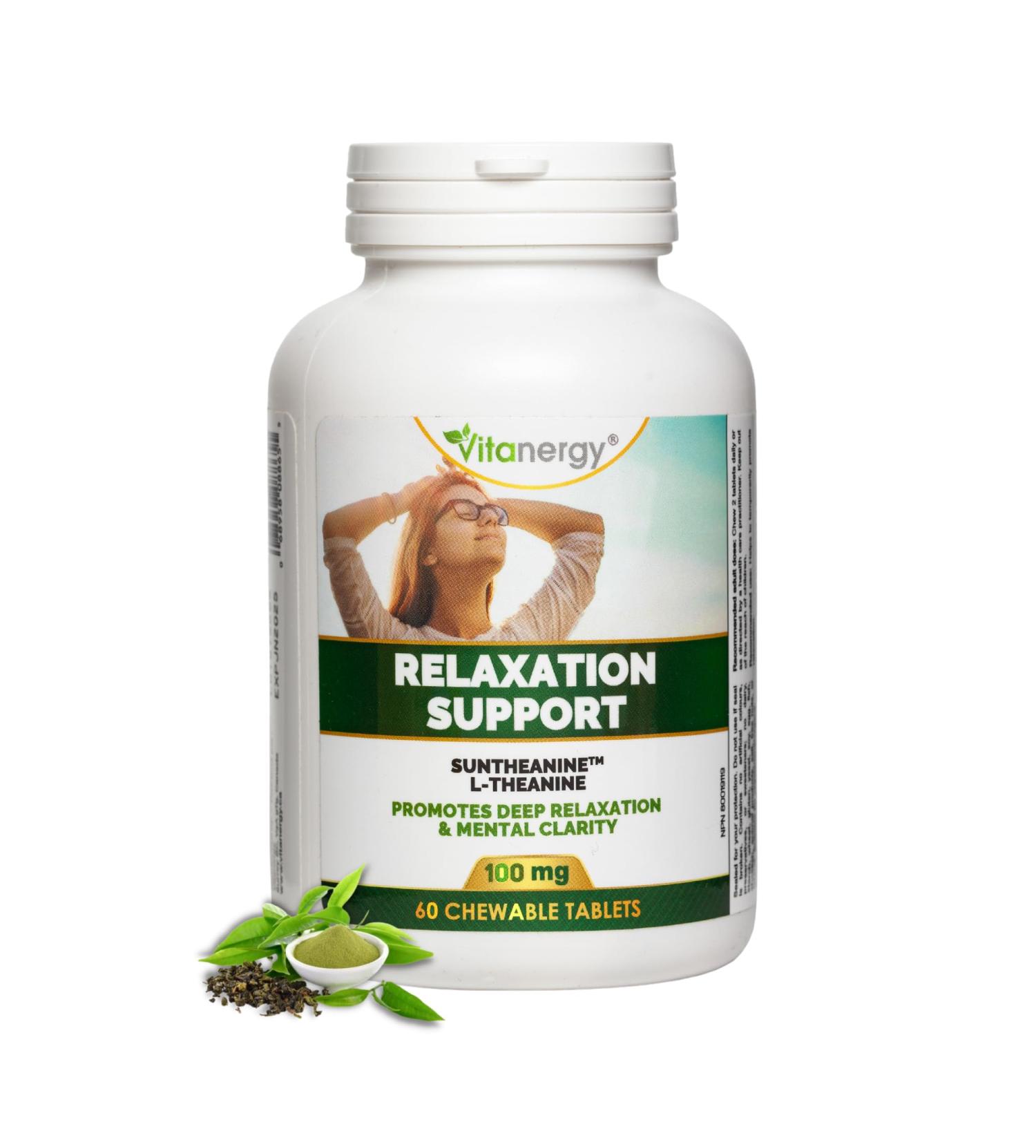 Vitanergy L-Theanine Mental Focus & Calmness - Promote Stress Anxiety Relief Relaxation and Sleep Aid - 100mg Chewable Tablets 60ct Tropical Flavor- Made in Canada - Buy Online on SooperMarket.com