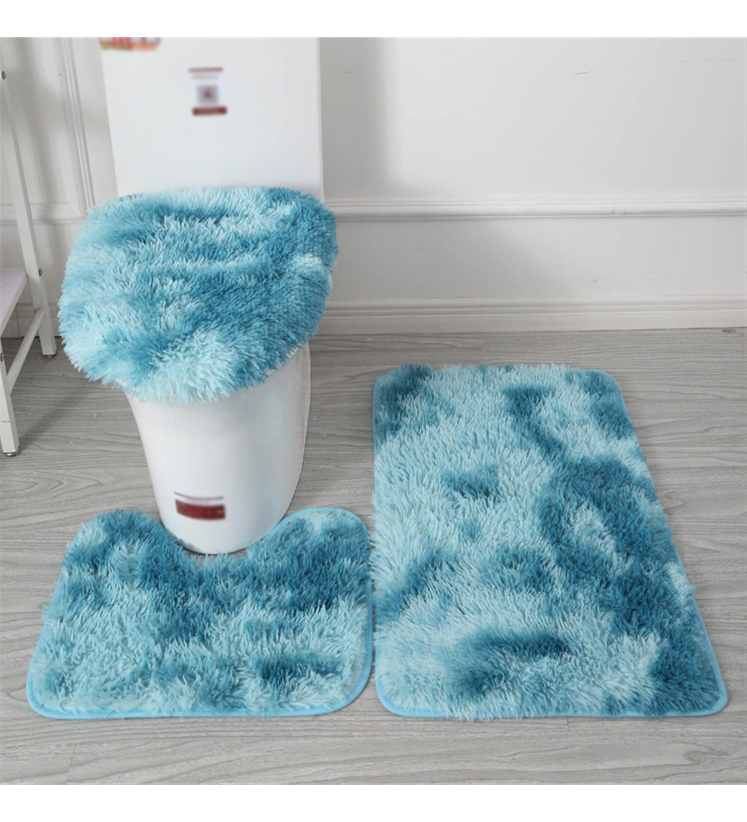 Lifup bathroom carpet set 3 partial non -slip shaggy bathing mat fluffy contour bathroom carpet long -floral toilet seat cover tie dye blue 2