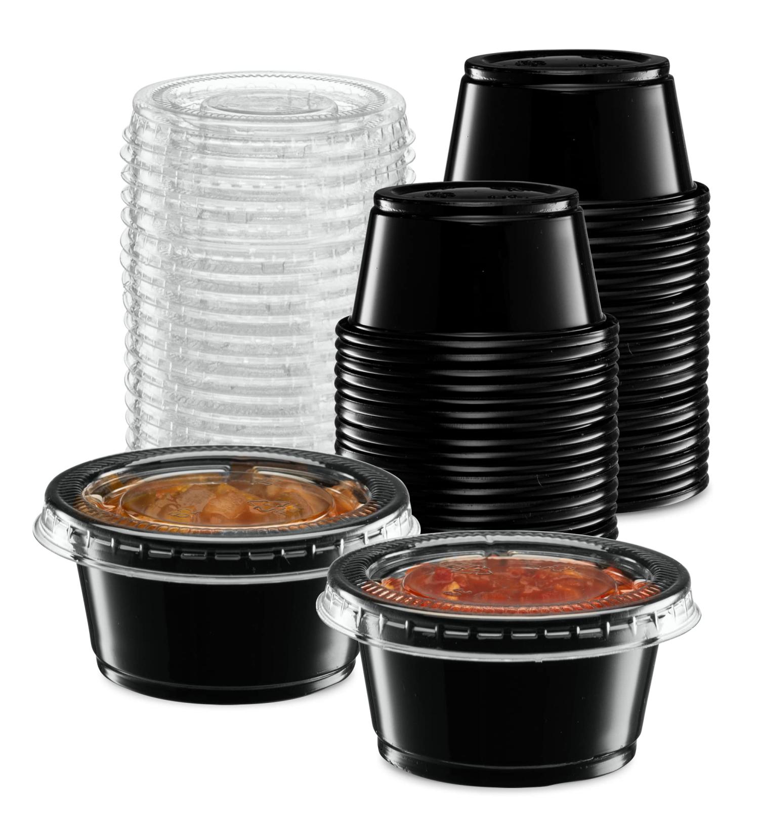 2 oz - 100 Sets Black Disposable Plastic Portion Cups with Lids for Jello Shots, Meal Prep, Sauce, Crafts & More - Buy Online on SooperMarket.com
