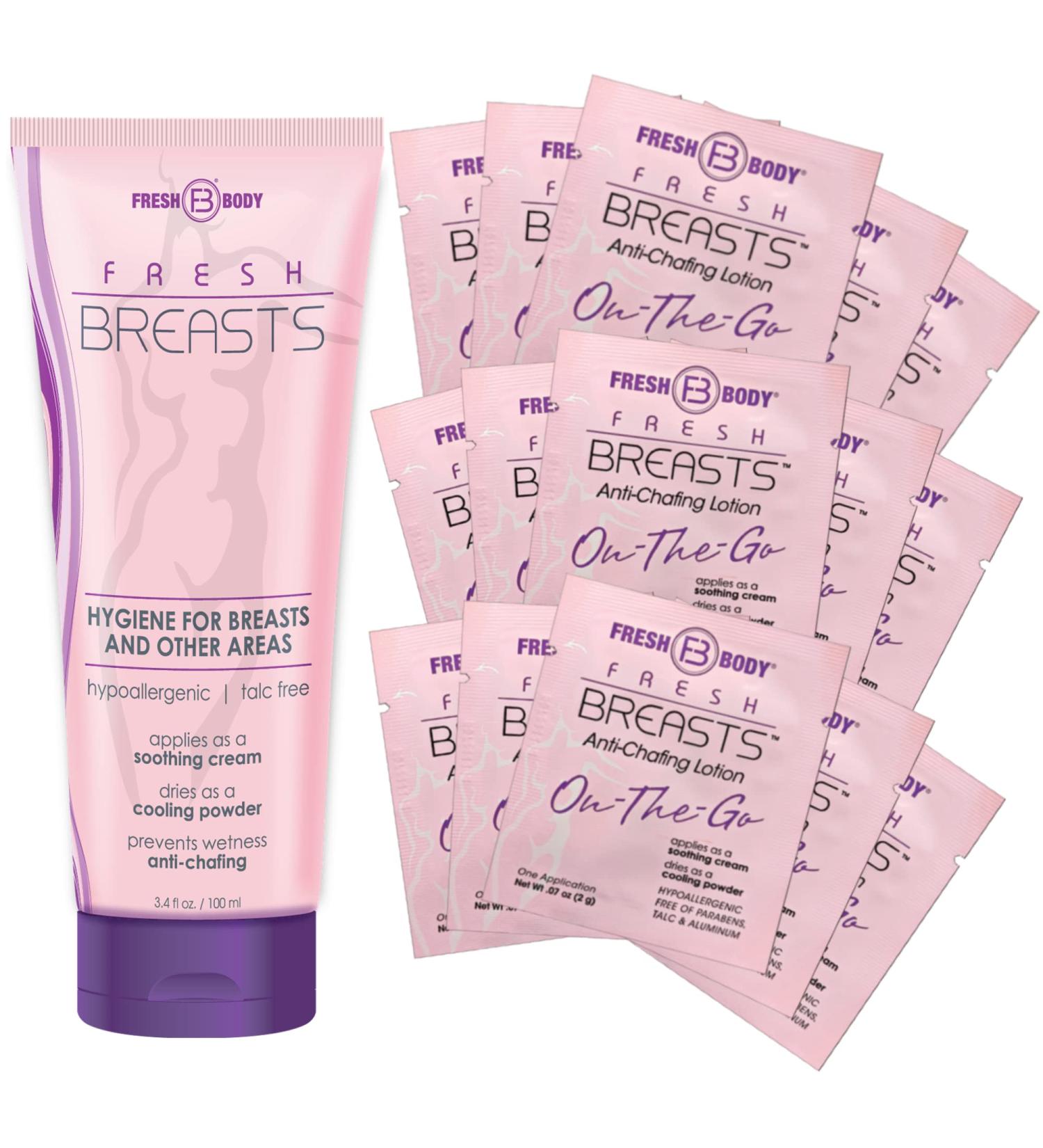 Fresh Body FB - Fresh Breasts Anti-Chafing Lotion 3.4 FL Oz + On-The-Go Travel Size Packet (15 Pack) | Women's Soothing Lotion to Powder - Buy Online on SooperMarket.com