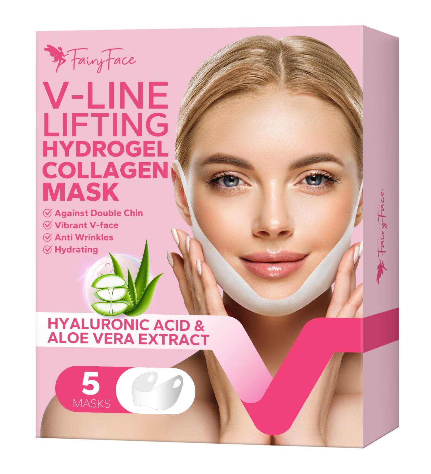 FairyFace V Line Shaping Face Masks - 5 Count Double Chin Reducer and Anti-Aging Hydrogel Collagen Mask with Aloe Vera and Seaweed - Anti-Wrinkle Lifting Treatment - Buy Online on SooperMarket.com
