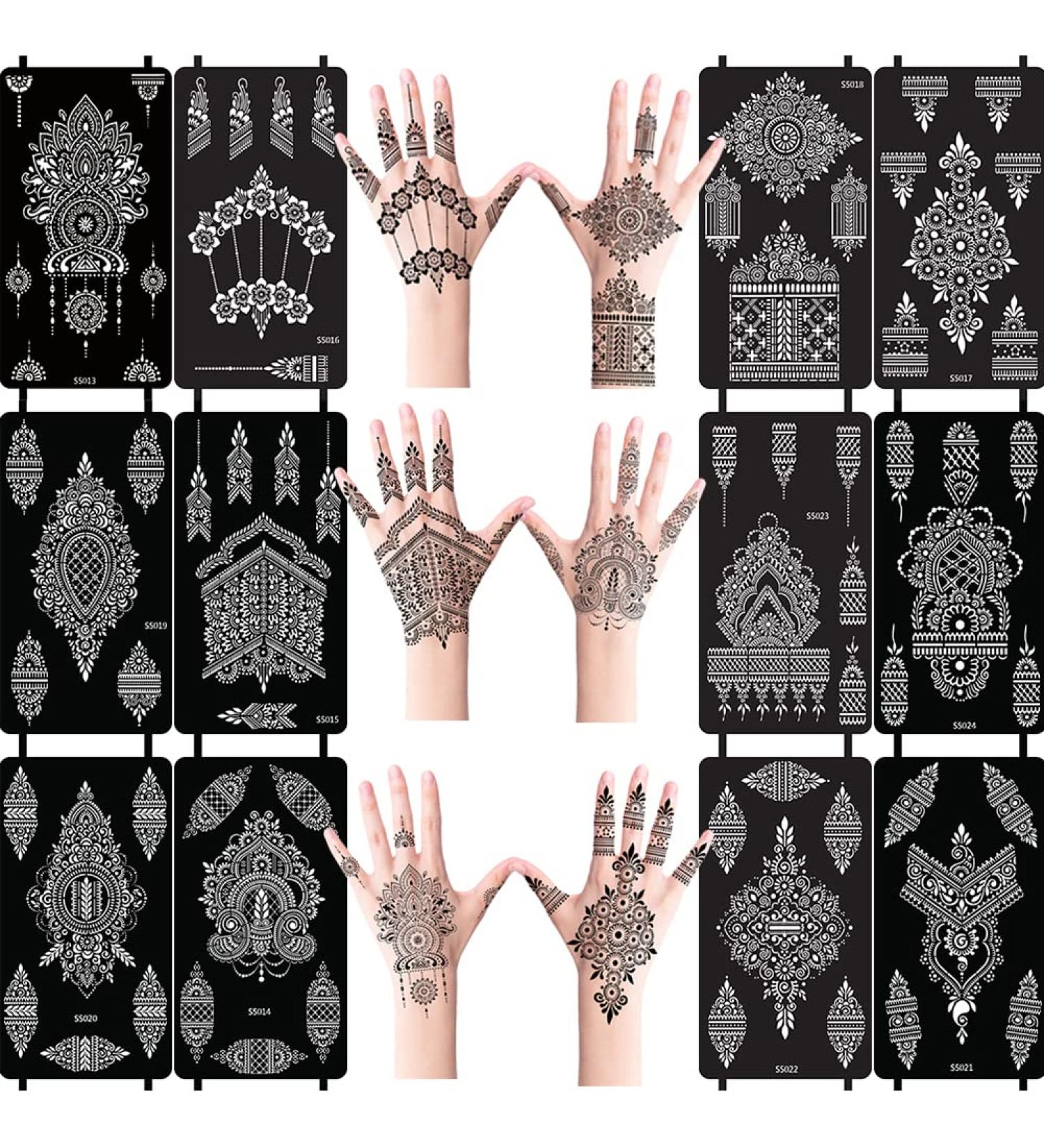XMASIR 12 Sheets Henna Tattoo Stencils - Glitter Airbrush Temporary Tattoo Stickers - Indian Arabian Self Adhesive Templates - Buy Online on SooperMarket.com