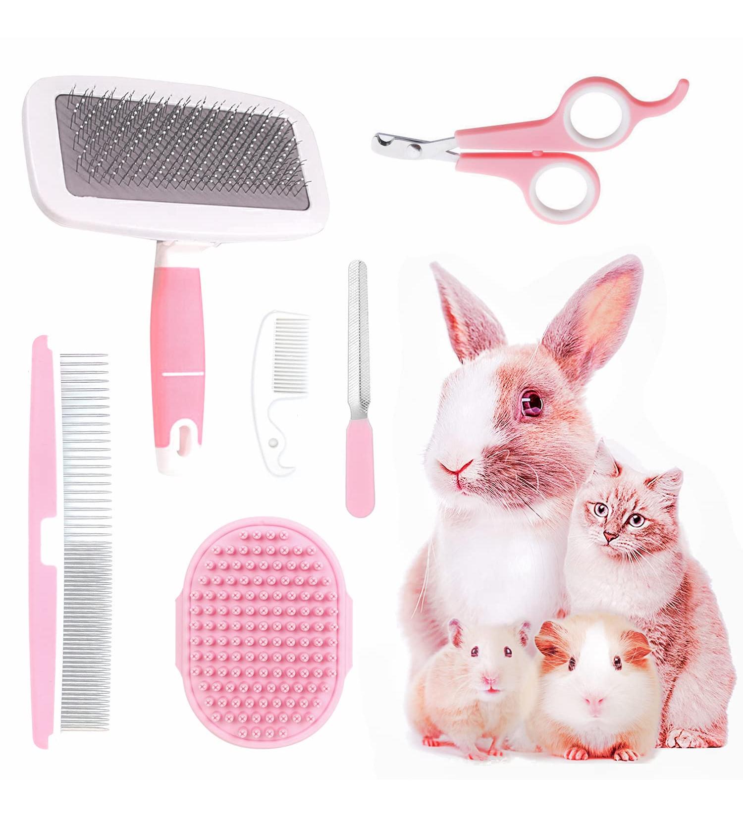 Crafterlife Small Animal Pet Grooming Kit - Shedding Slicker Brush, Massage Glove, Comb, Nail Clipper Trimmer - for Rabbit, Puppy, Kitten, Guinea Pig, Hamster, Ferret (Pink) - Buy Online on SooperMarket.com