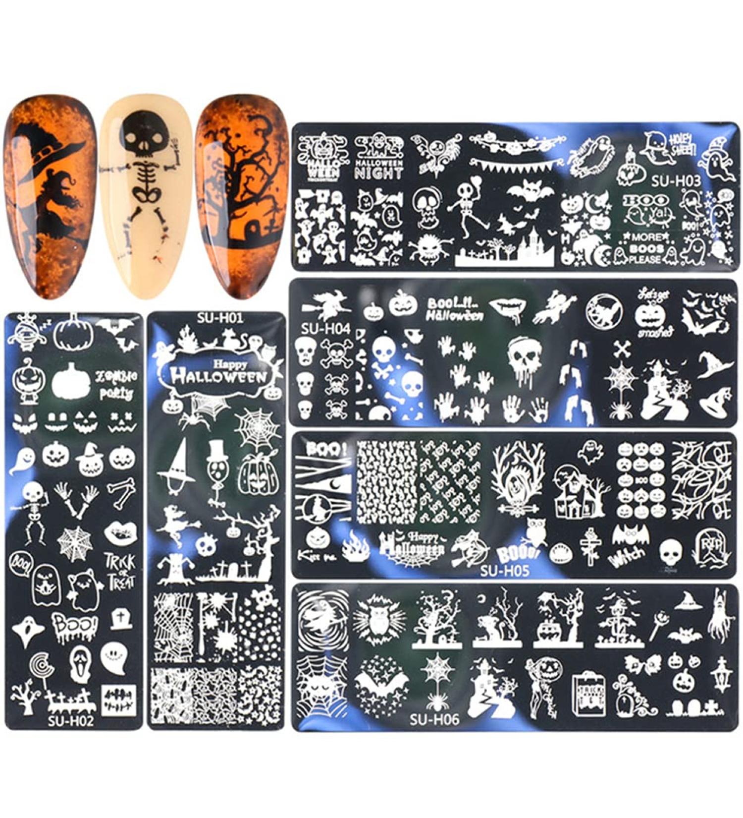 6Pcs Halloween Nail Stamp Plates Set with Various Patterns Spider Webs Pumpkins Bats Skulls DIY Print Manicure Salon Design Perfect Halloween Nail Decoration for Professional DIY Salon - Buy Online on SooperMarket.com