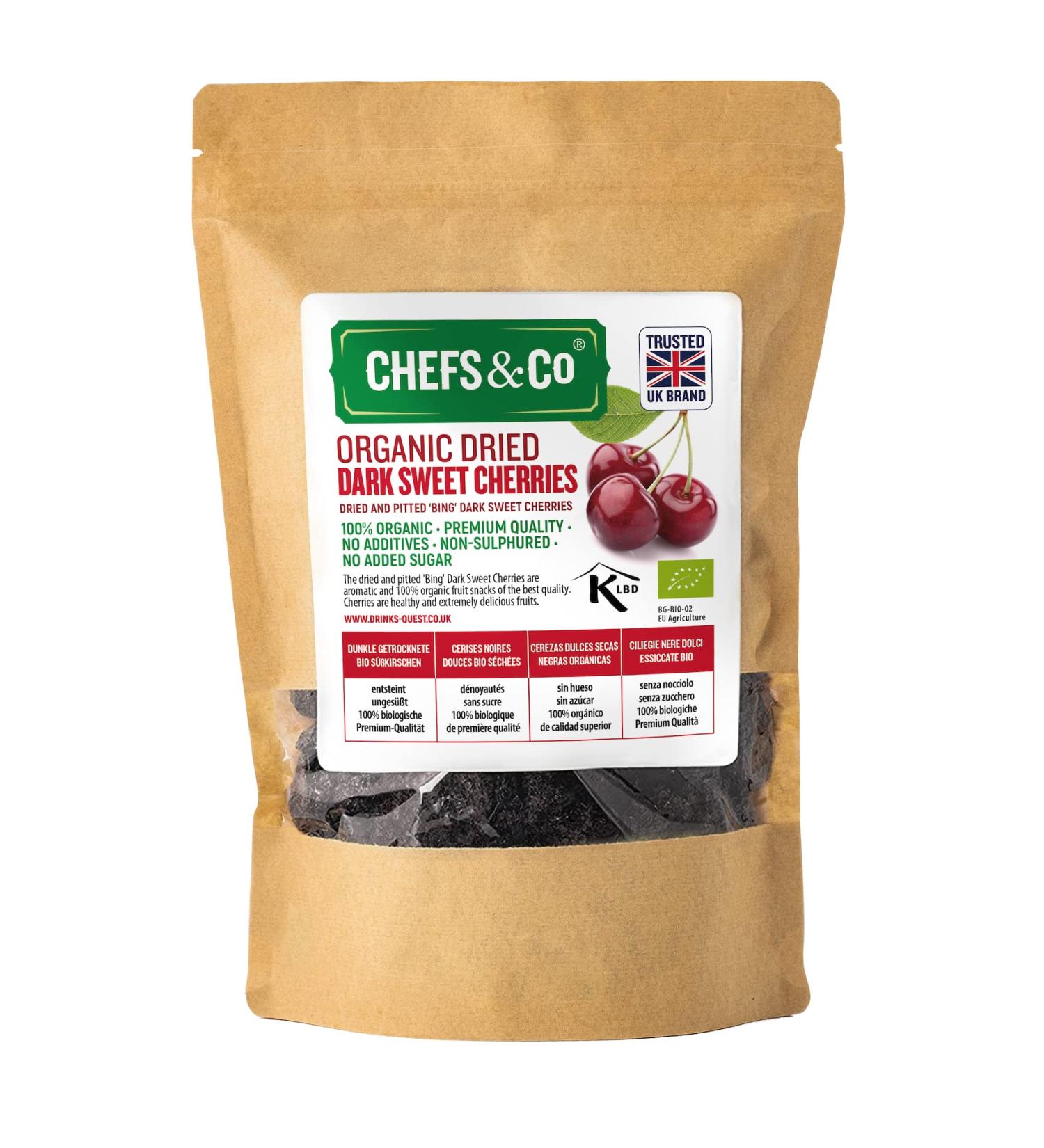 CHEFS & CO | Dried Dark Sweet Cherries (pitted) |Organic Dried Fruits | Healthy Snack | Non-sulphured Gluten Free Vegan | No additives No Added Sugar Kosher Certified (ORGANIC 400 g (Pack of 1)) ORGANIC 400 g (Pack of 1)