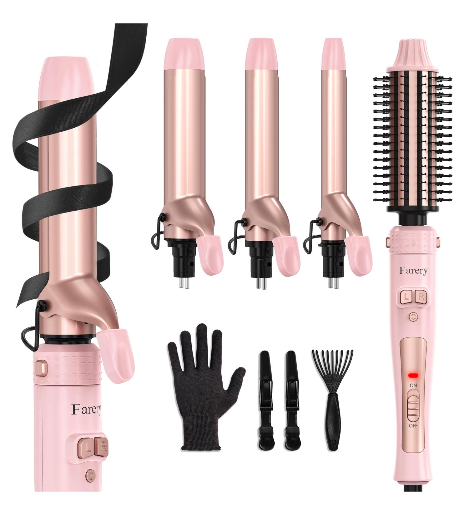 4-in-1 Interchangeable Automatic Rotating Curling Iron & Thermal Brush Set - Pink | Instant Heat 410 F for Effortless Curls - Buy Online on SooperMarket.com