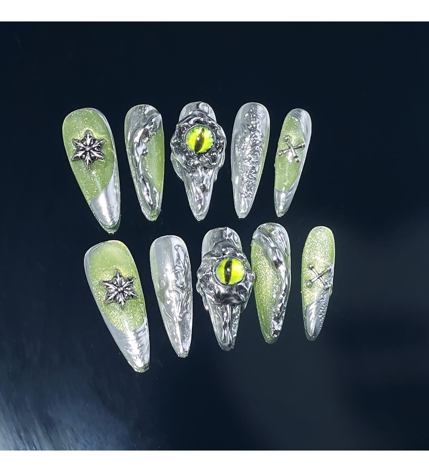 Dark long pointed handmade wearing armor with metal illusion long style nail patches that can be reused for nail enhancement (Size : S)
