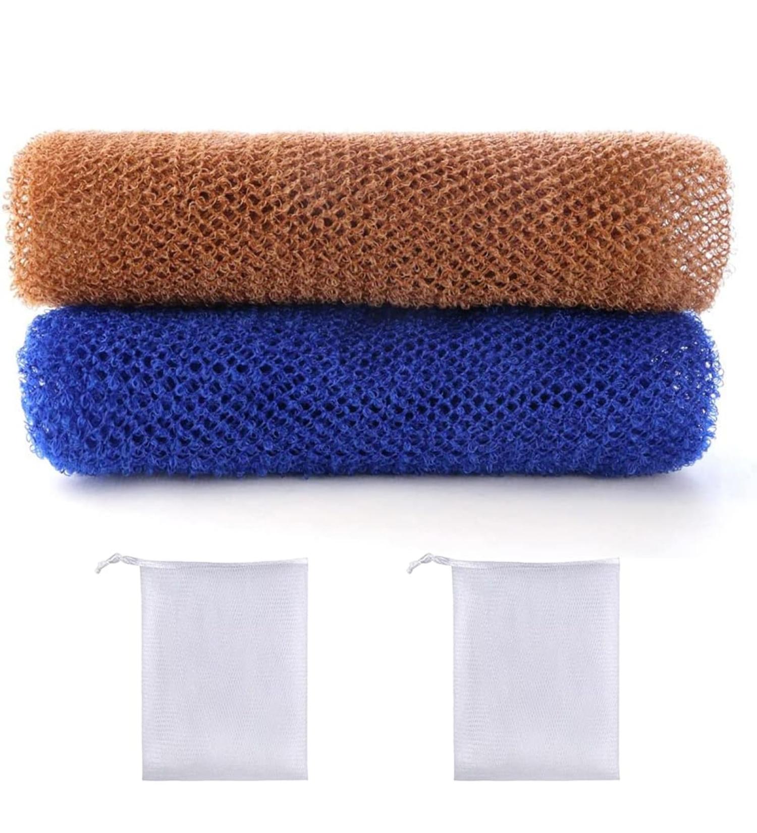 CUHZA 2 bath mesh 2 foam nets exfoliating washcloth shower sponge body exfoliating sponge removes dirt and oil from the skin smoother skin (blue brown) - Buy Online on SooperMarket.com