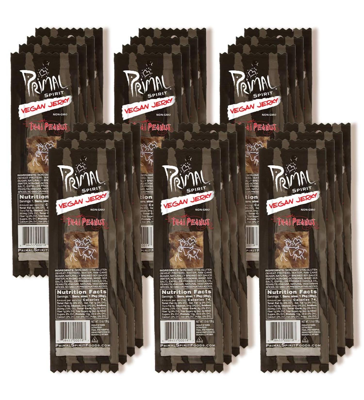 Primal Spirit Vegan Jerky - Classic Thai Peanut Flavor, 10g Plant-Based Protein, Non-GMO, 24-Pack - Buy Online on SooperMarket.com