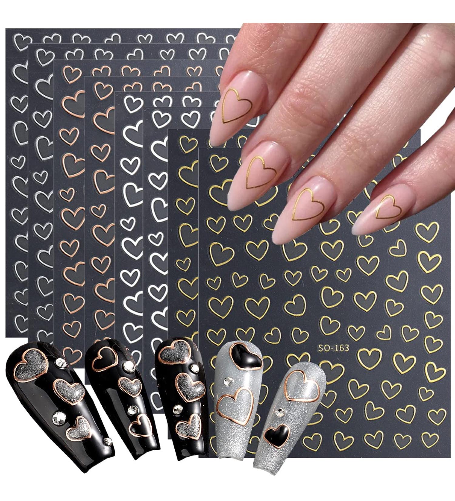 8 Sheets Metallic Heart Love Nail Decals - 3D Self-Adhesive Nail Stickers in Gold, Silver, Rose Gold, and White - French DIY Nail Decoration and Manicure Accessories for Women - Buy Online on SooperMarket.com