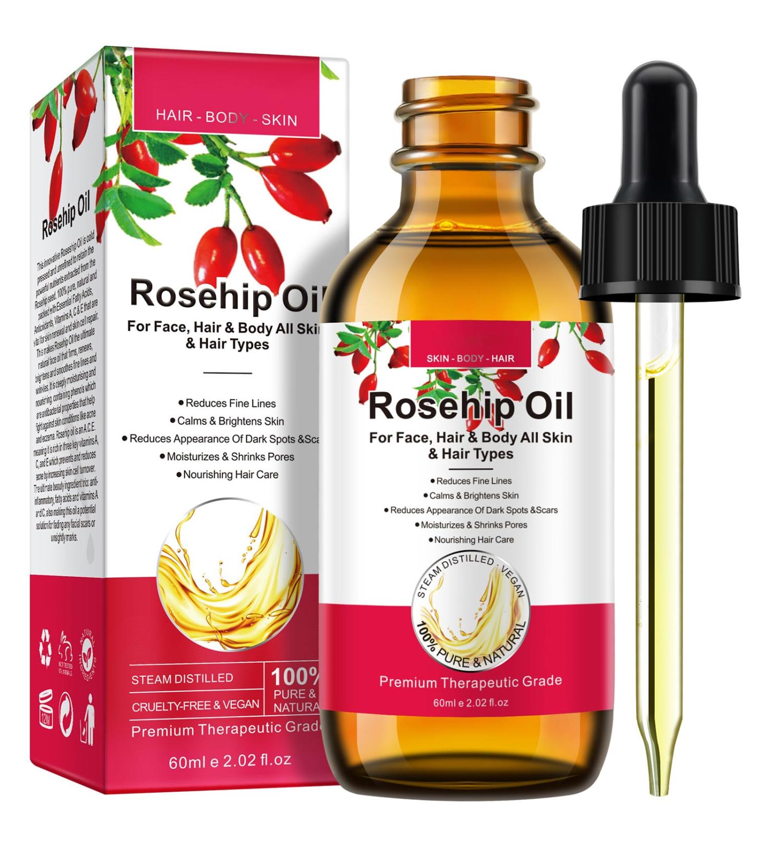 Rosehip Oil 60 ml Natural Cold Pressed Oil Moisturizing Natural Hair Care Brightens Scars Reduces Fine Face Lines Suitable for Face Hair and Body - Buy Online on SooperMarket.com