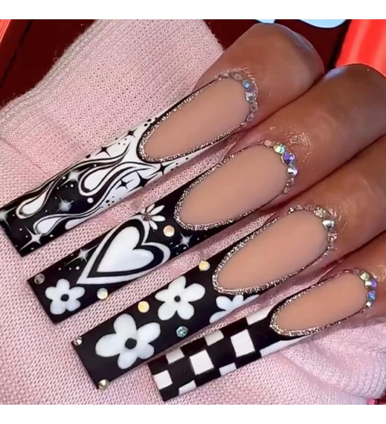 SIXDIAN Black Nude Glitter Diamond Heart Square Press on Nails - Extra Long Coffin Acrylic False Nails for Women and Girls - Buy Online on SooperMarket.com