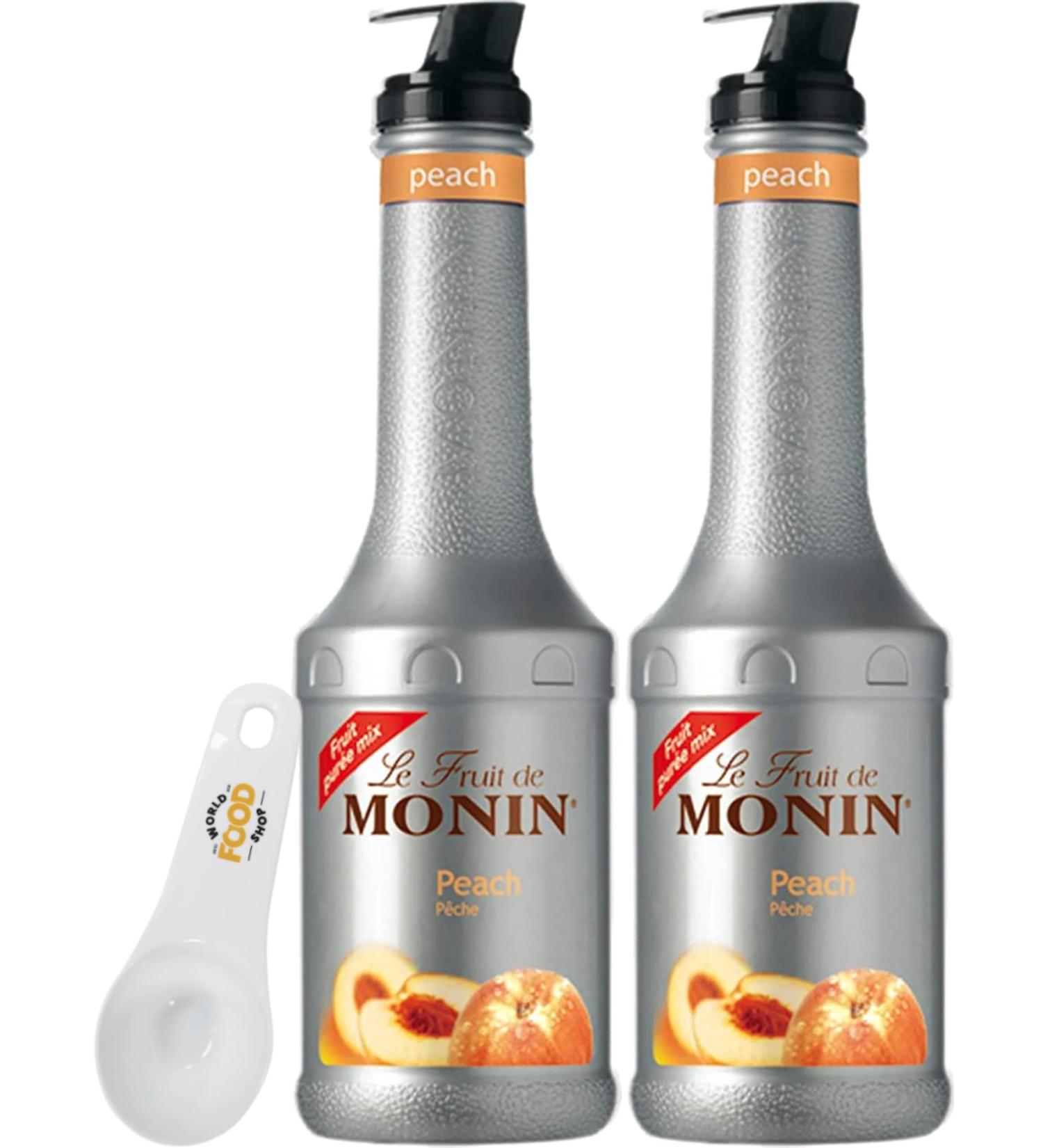 Monin Peach Puree 1L Bottle of 2 with World Food Shop Scoop - Premium Quality Fruit Puree for Cocktails Mocktails Smoothies - Ideal for Bars Restaurants Home Use! - Buy Online on SooperMarket.com