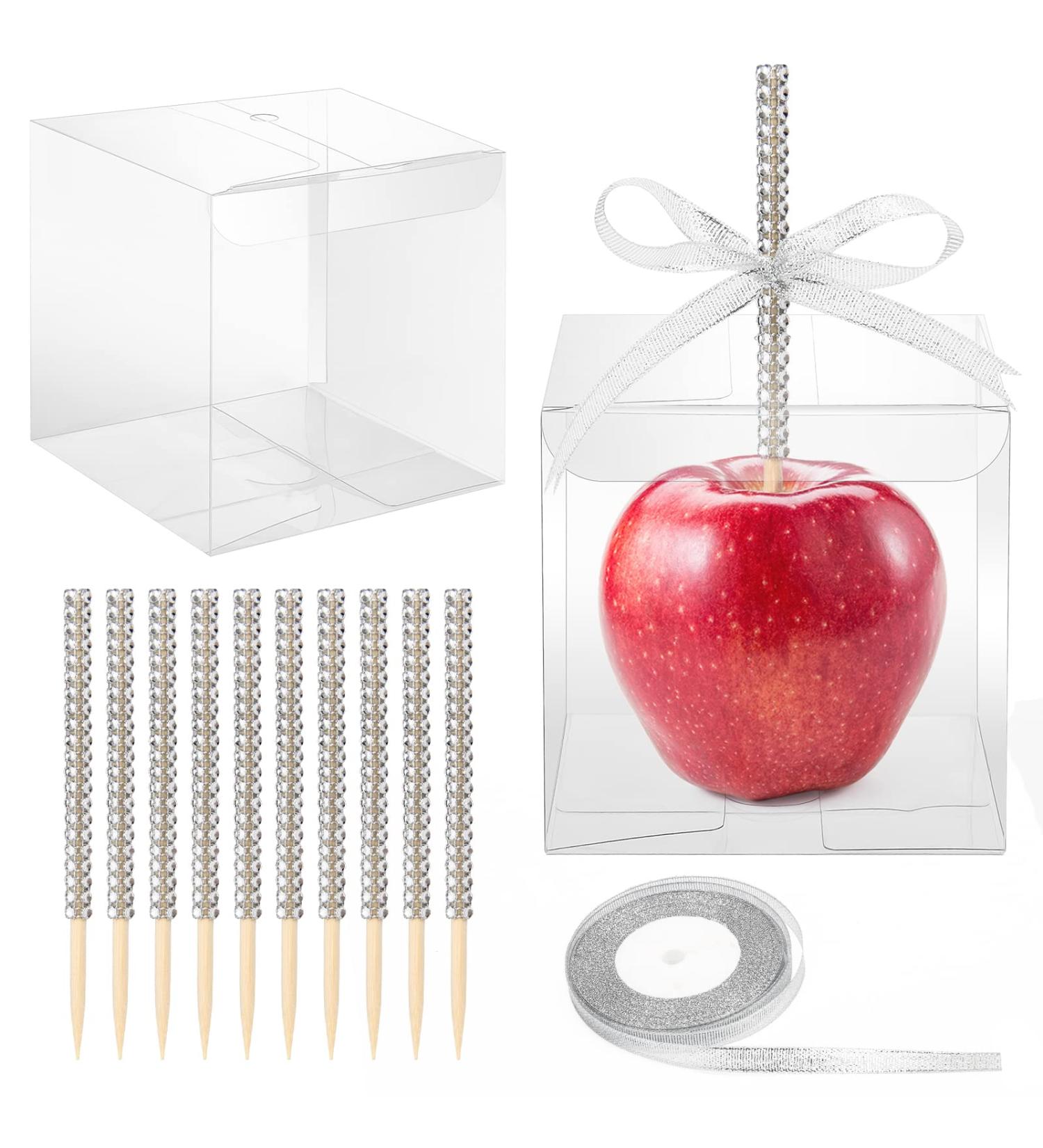 10+10 Candy Apple Kits AngleKai 10Pcs Bling Candy Apple Sticks/ 10Pcs Candy Apple Boxes/ 25 Yard Ribbon Rhinestone Caramel Apple Sticks Clear Candy Apple Boxes with Hole Silver White - Buy Online on SooperMarket.com