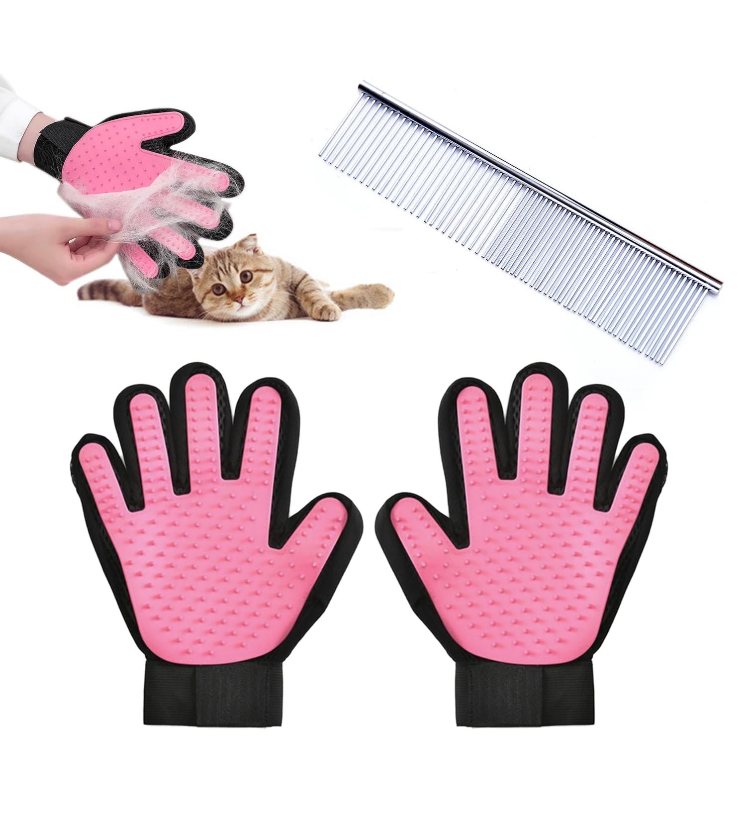 Timjjg Pink Hair Removal Gloves & Stainless Steel Nursing Comb for Cats & Dogs | Pet Massage & Litter Cleanup - Buy Online on SooperMarket.com
