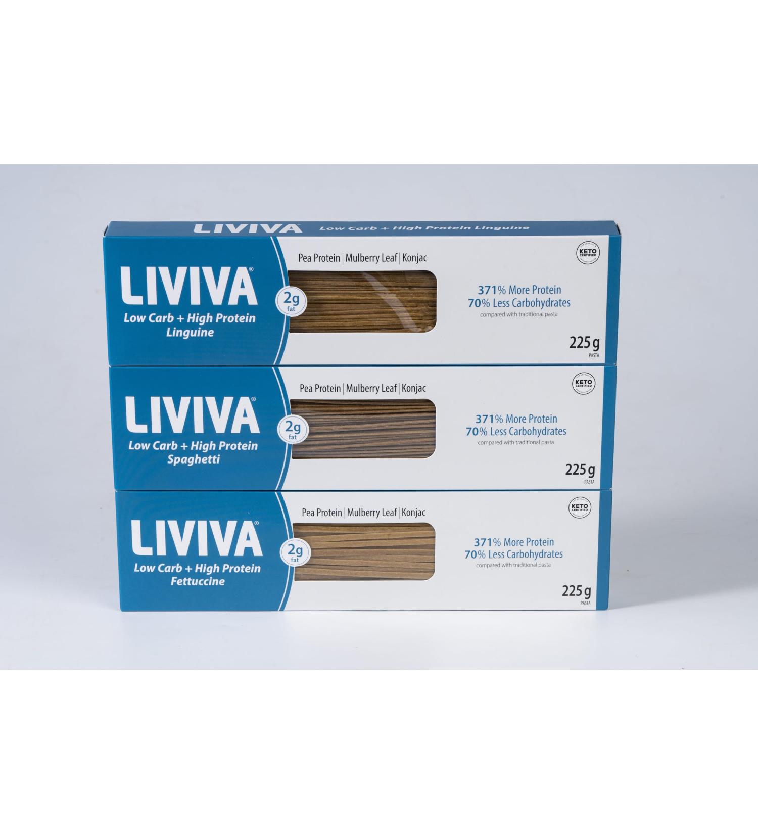 LIVIVA Low Carb High Protein KETO Pasta Trial Pk (1 Linguine 1 Spaghetti 1 Fettuccine) 135 g Protein per Box with Pea Protein & Konjac Flour - 8g Net Carbs Diabetic-Friendly - Ready to Eat in 3 4 mins - Healthy Al Dente Pasta - Buy Online on SooperMarket.com