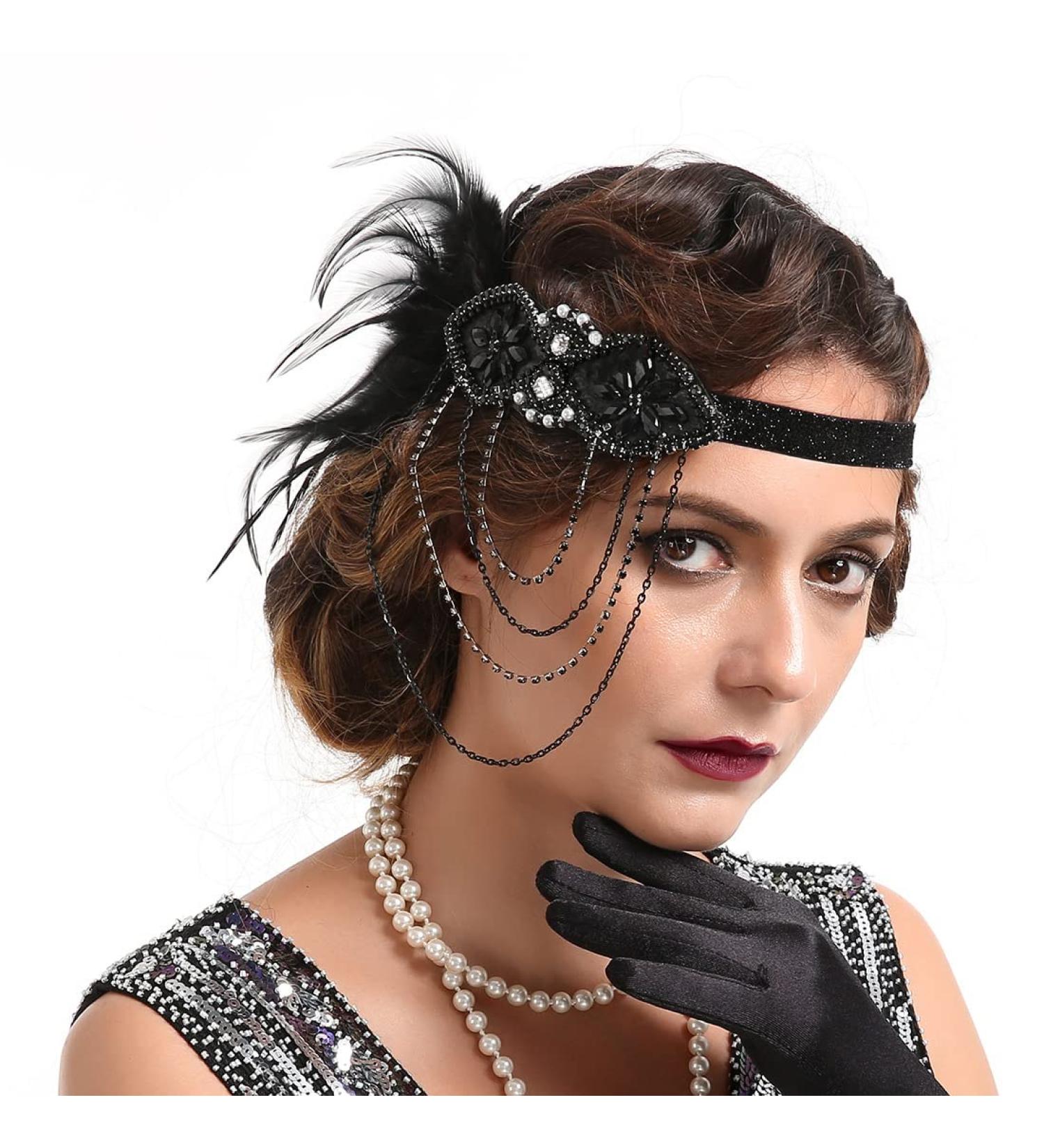 Feather Headband 1920s Flapper Headband Faux Pearls 1920s Flapper Headpiece Crystal Headband Fancy Dress Headwear Feather Vintage Headband for Women Hair Accessories for Cocktail Party Prom Wedding Black-2 - Buy Online on SooperMarket.com