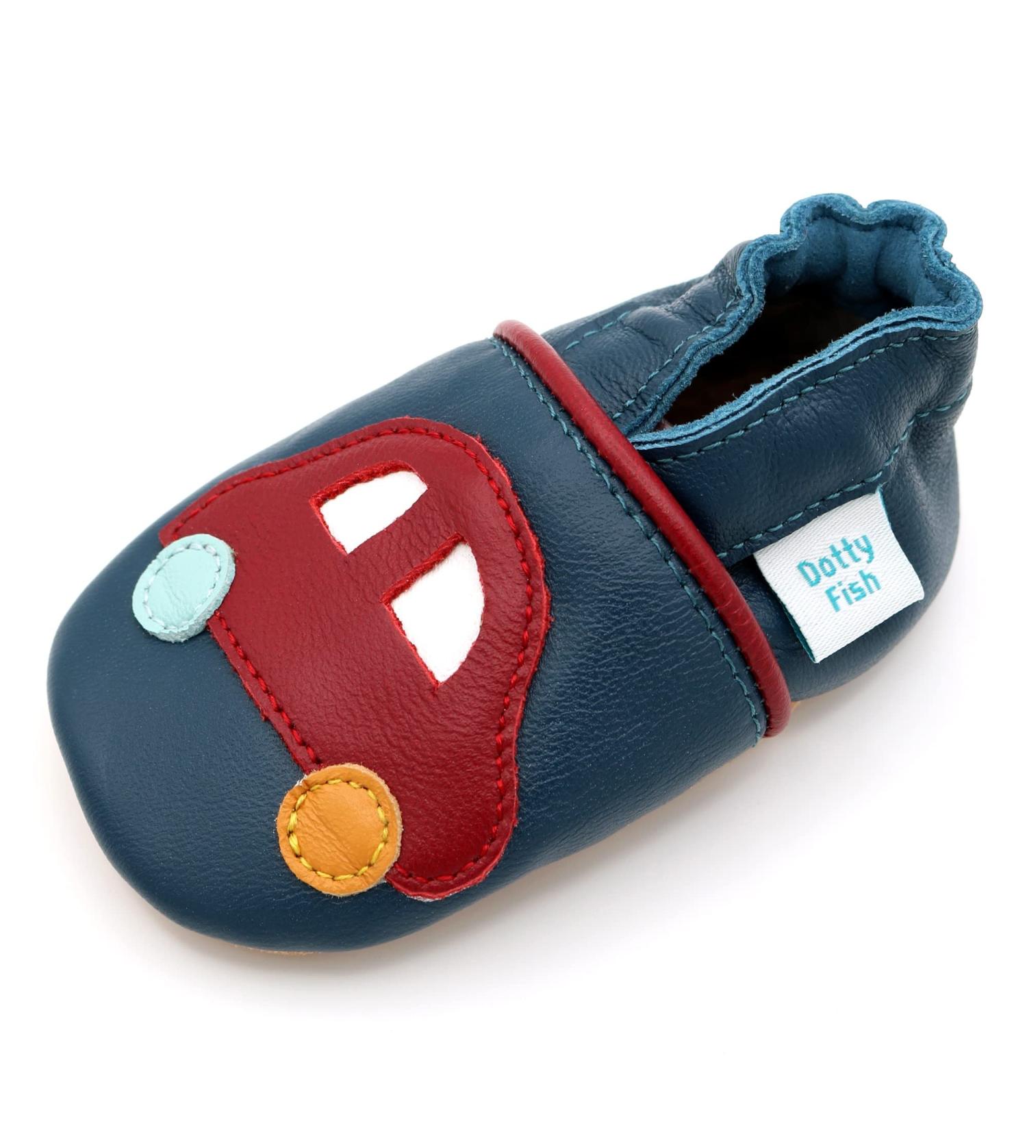 Dotty Fish Soft Leather Toddler Shoes for Boys | Non-Slip Suede Soles | Navy Cars | Sizes 3-4 Years - Buy Online on SooperMarket.com