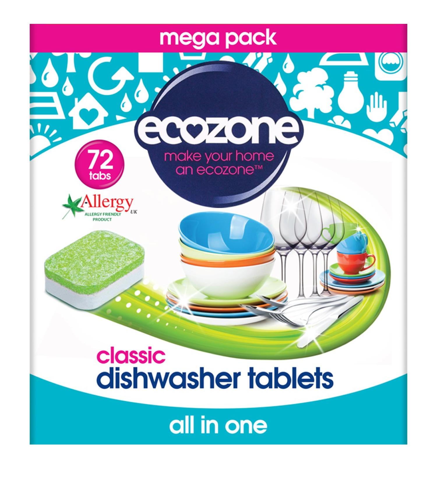 EcoZone Classic All-In-One Dishwasher Tablets Effective Cleaning Formula Cuts Through Grease & Grime Natural Vegan & Non Toxic Tabs Plant Based Plastic-Free Leaves No Residue (Box of 72 Capsules) - Buy Online on SooperMarket.com