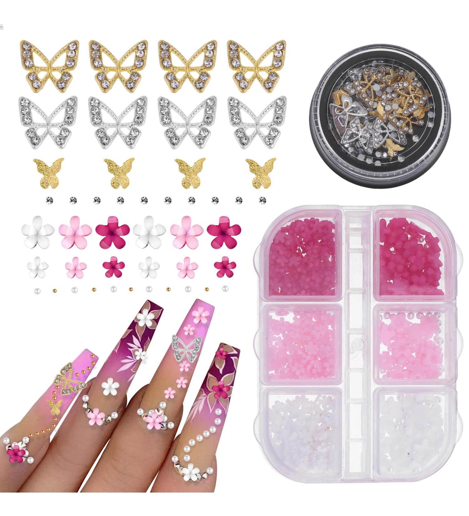 3D Flower Nail Charms 2 Boxes 3D Acrylic Flower Nail Art Metal Butterfly Nail Charms With Nail Gems Half Round Pearls Manicure Y2k Nail Art Accessories for Women Girls - Buy Online on SooperMarket.com