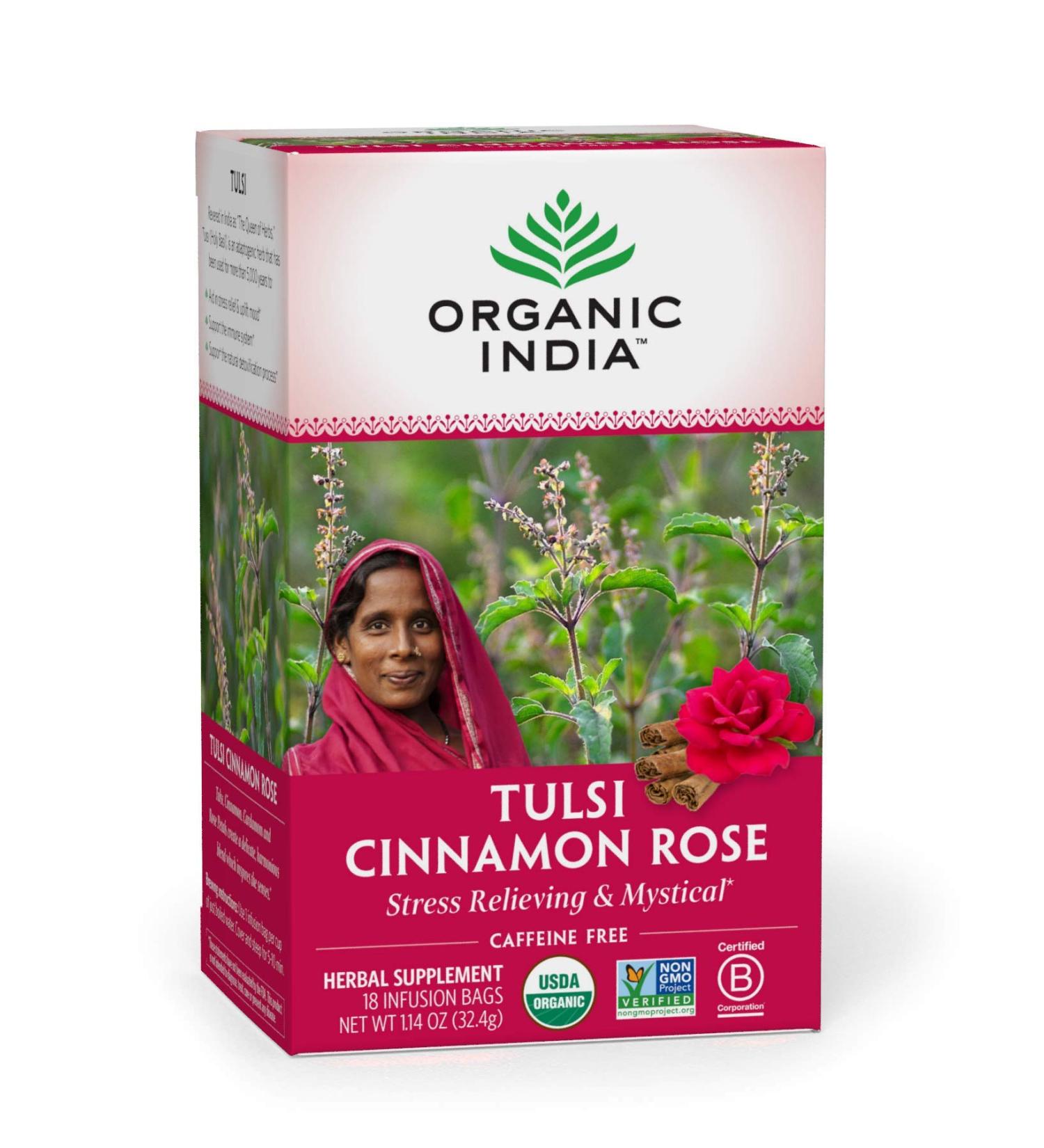 Organic India Tulsi Cinnamon Rose Herbal Tea - Stress Relief & Immune Support, Gluten-Free, USDA Organic - 18 Caffeine-Free Infusion Bags - Buy Online on SooperMarket.com